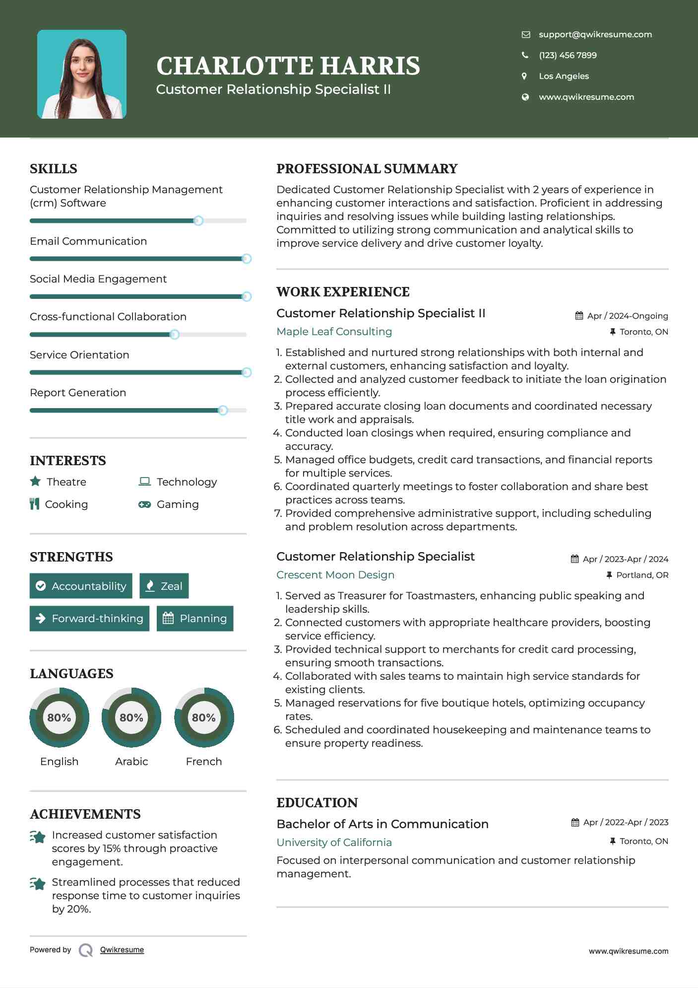 Customer Relationship Specialist II Resume Model