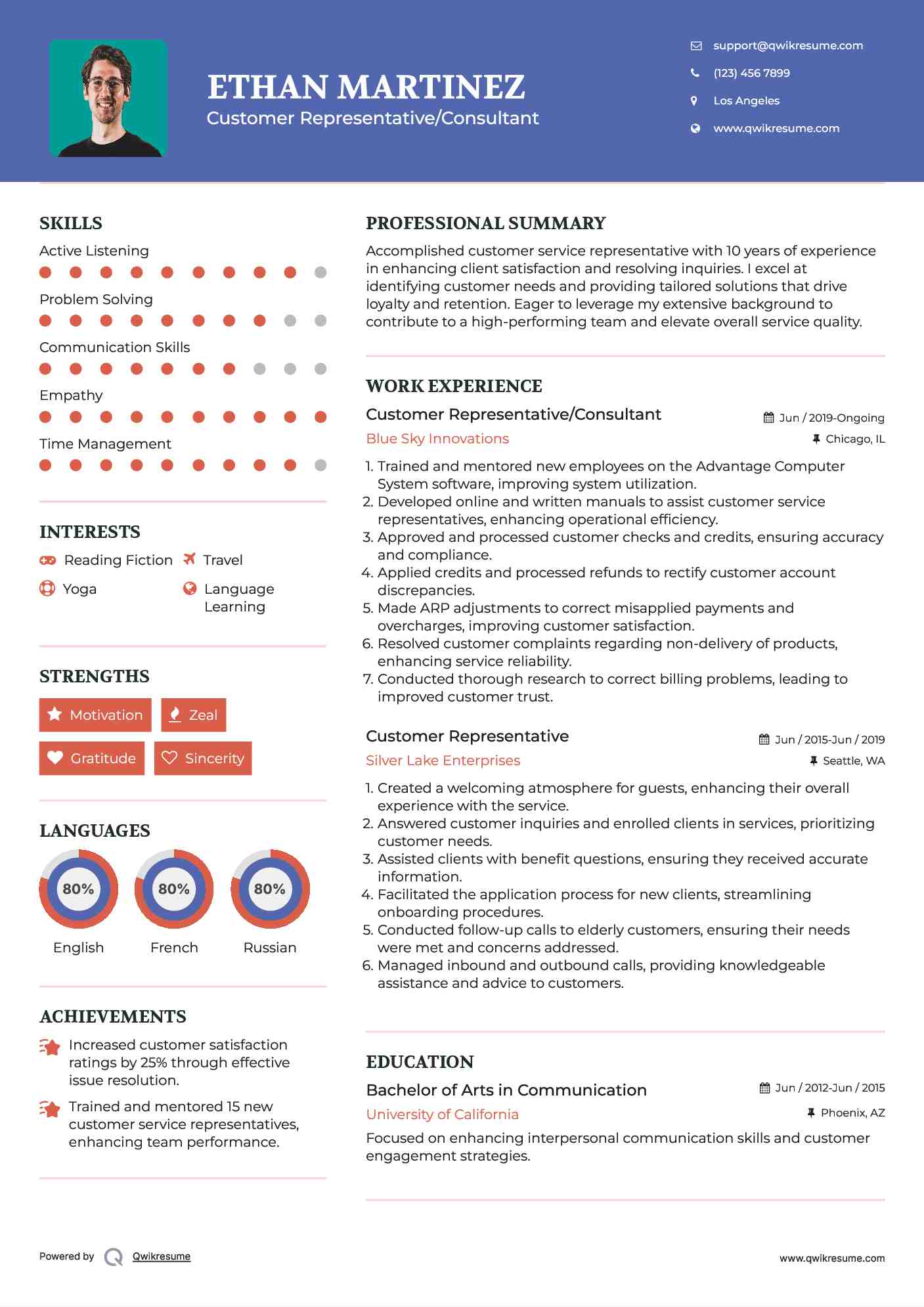 Customer Representative/Consultant Resume Model