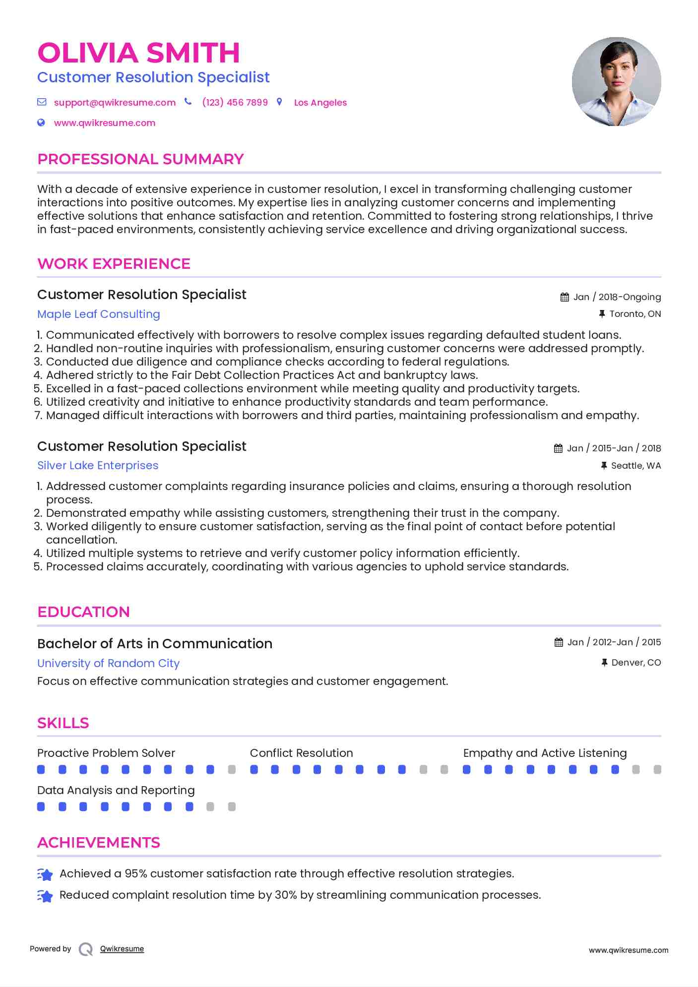 Customer Resolution Specialist Resume Model