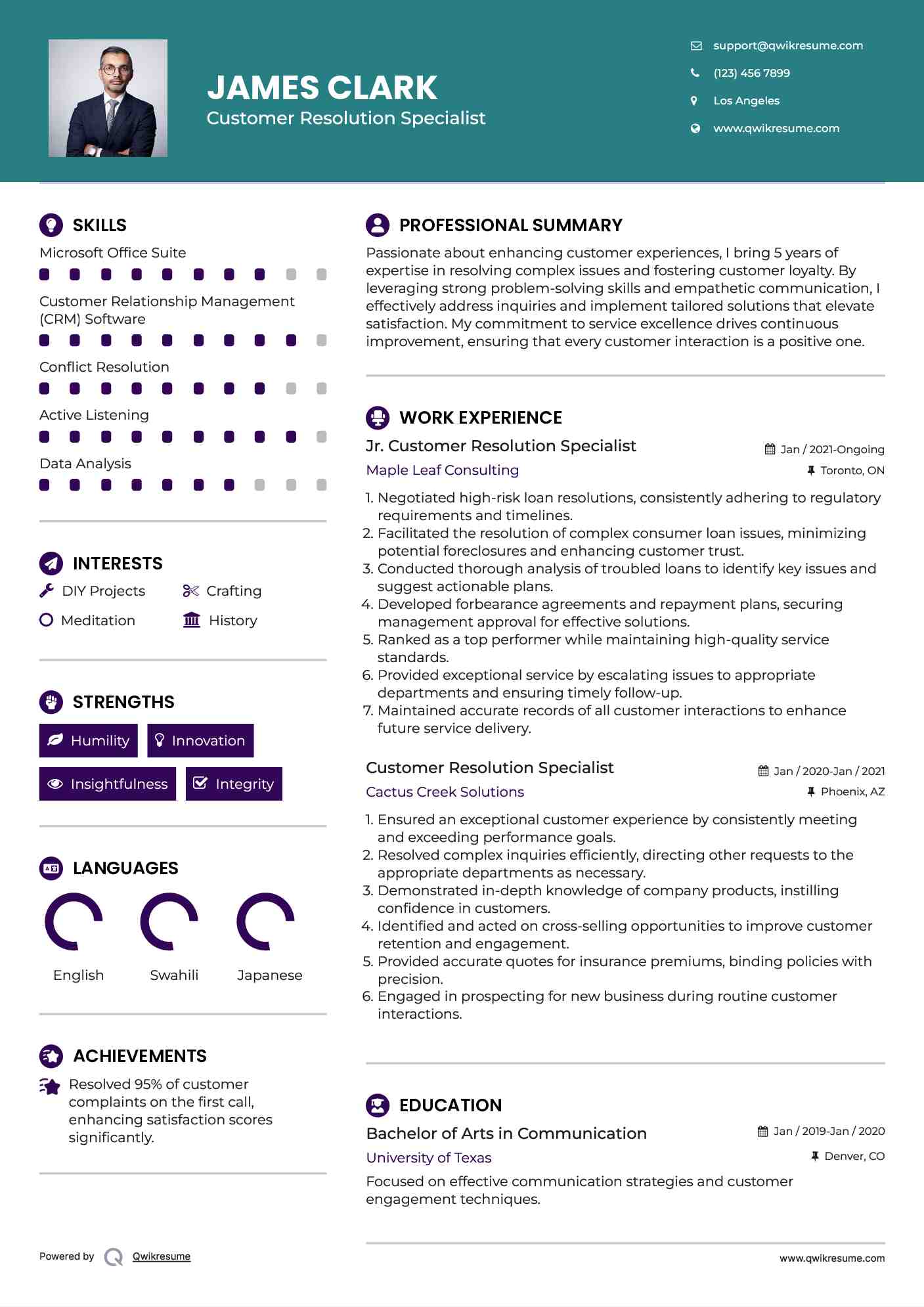 Jr. Customer Resolution Specialist Resume Example