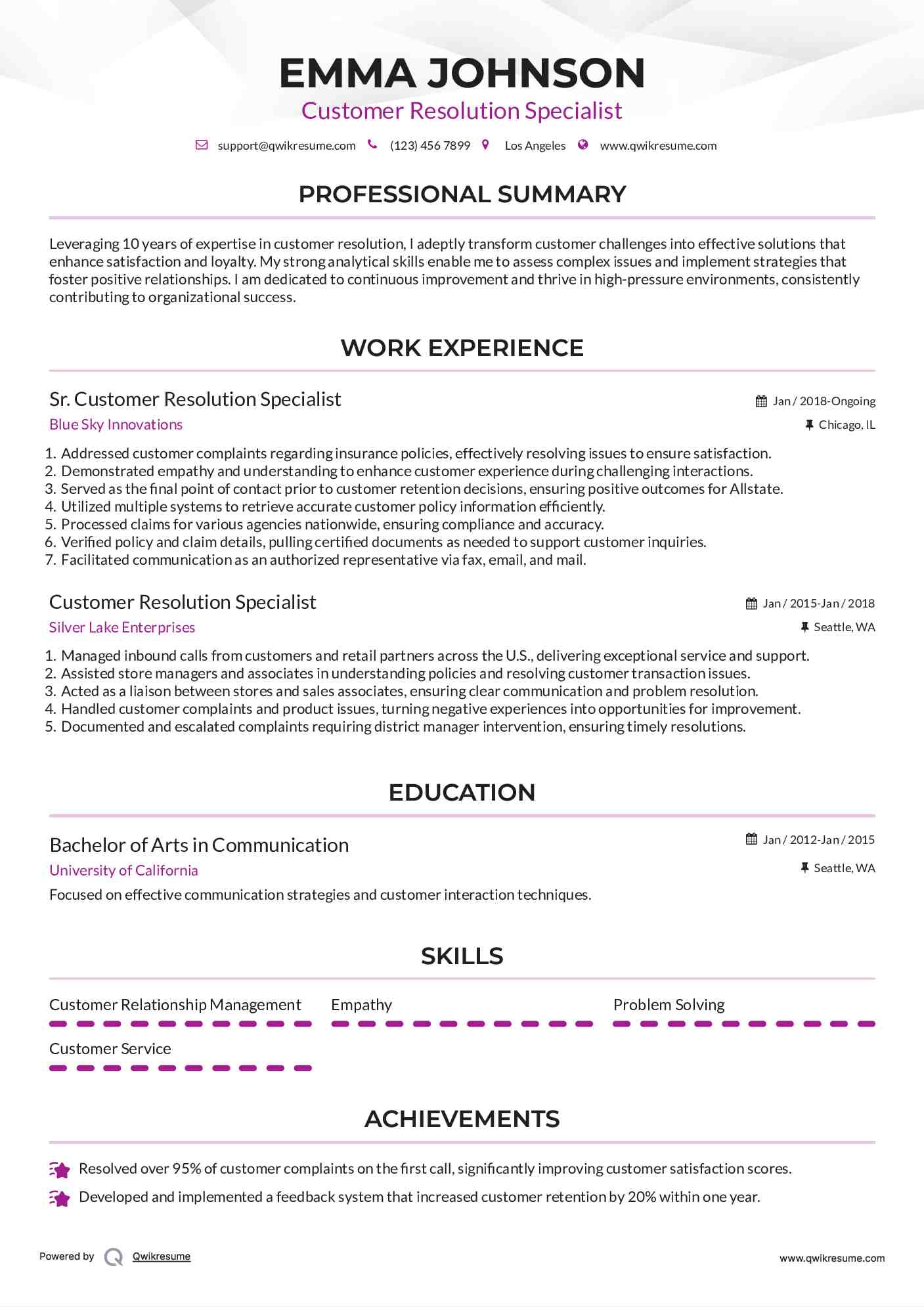 Sr. Customer Resolution Specialist Resume Sample