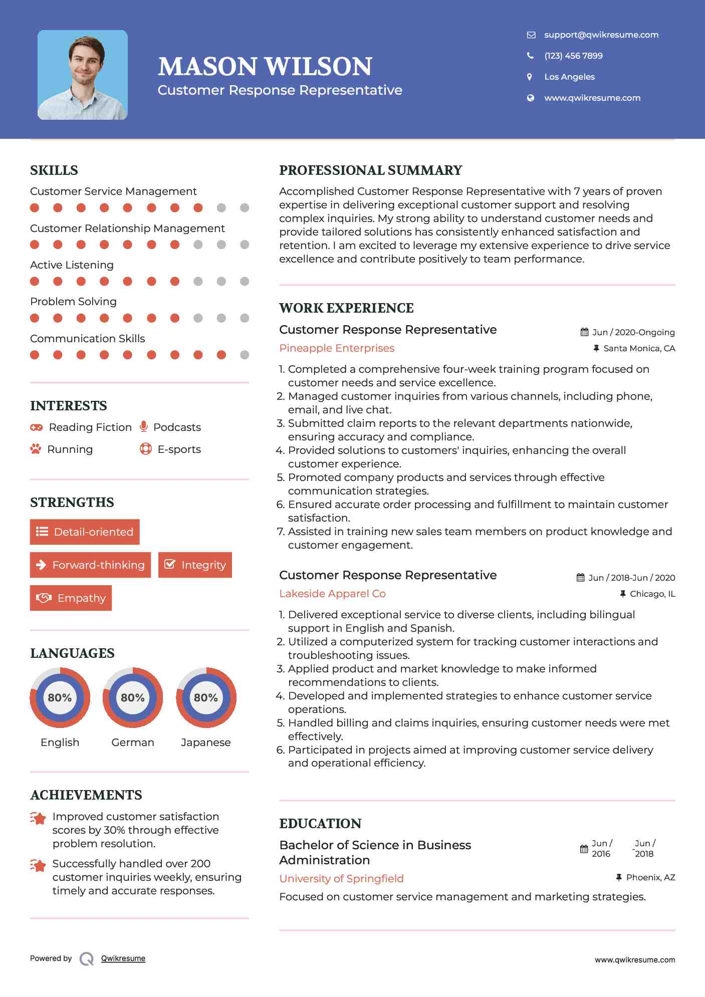 Customer Response Representative Resume Sample