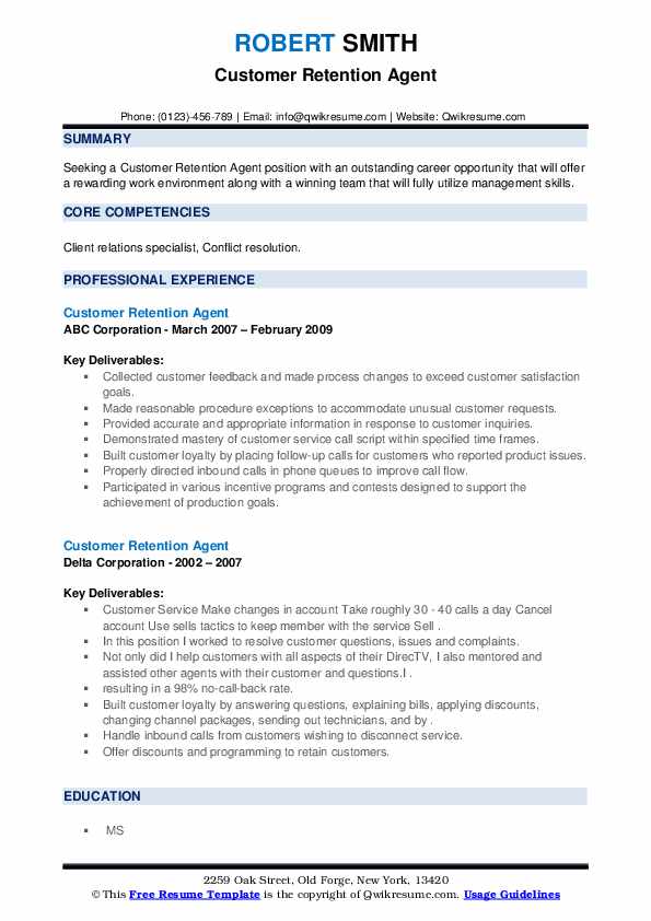 Customer Retention Agent Resume Samples QwikResume