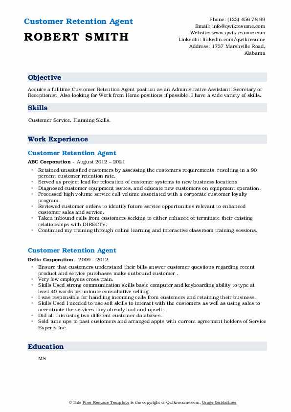 Customer Retention Agent Resume Samples QwikResume