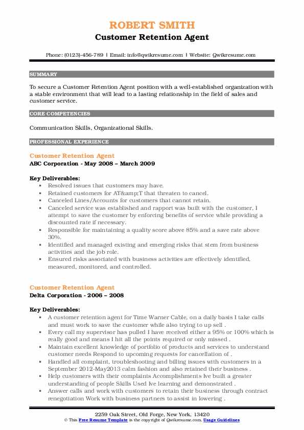 Customer Retention Agent Resume Samples QwikResume