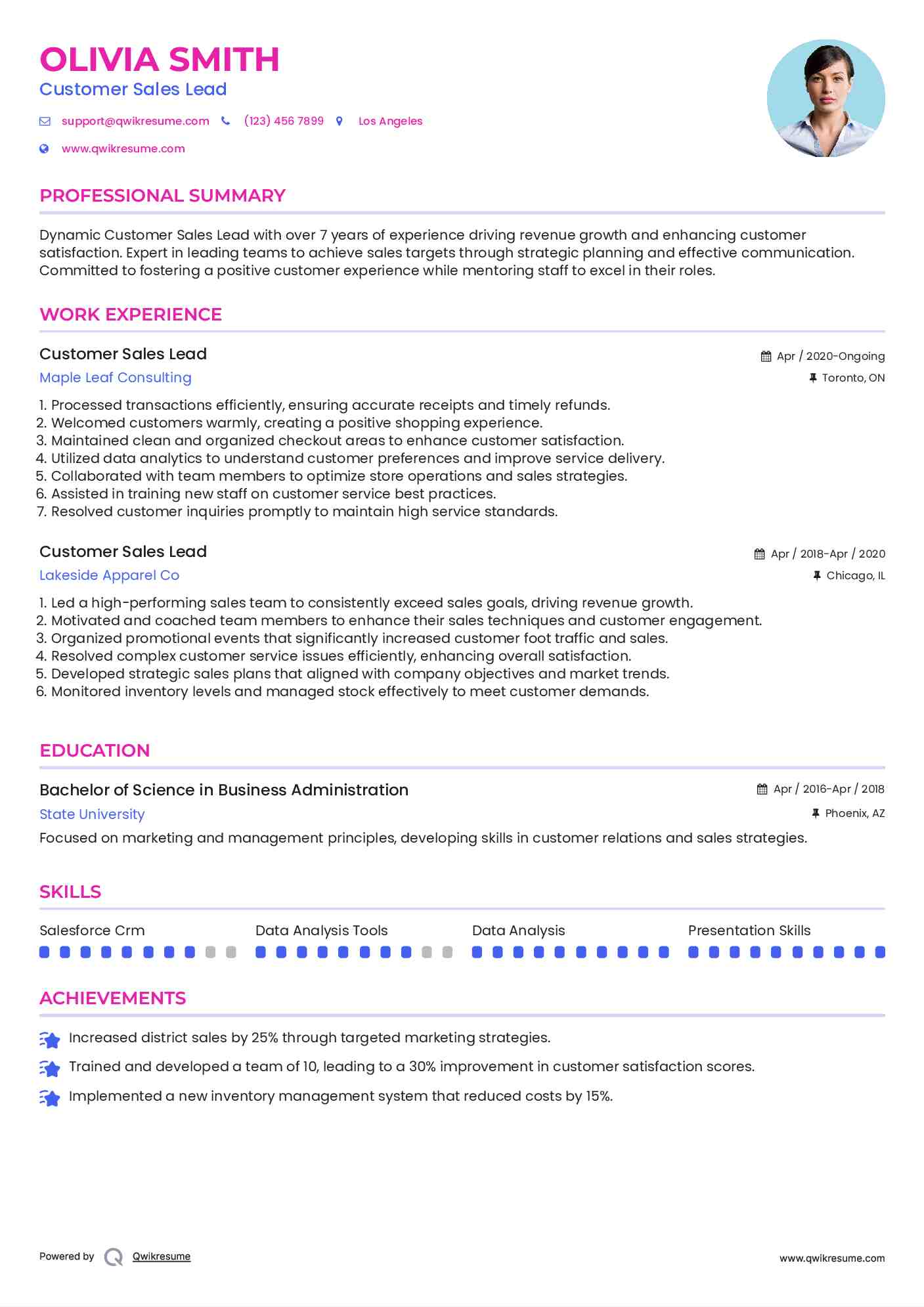 Customer Sales Lead Resume Model