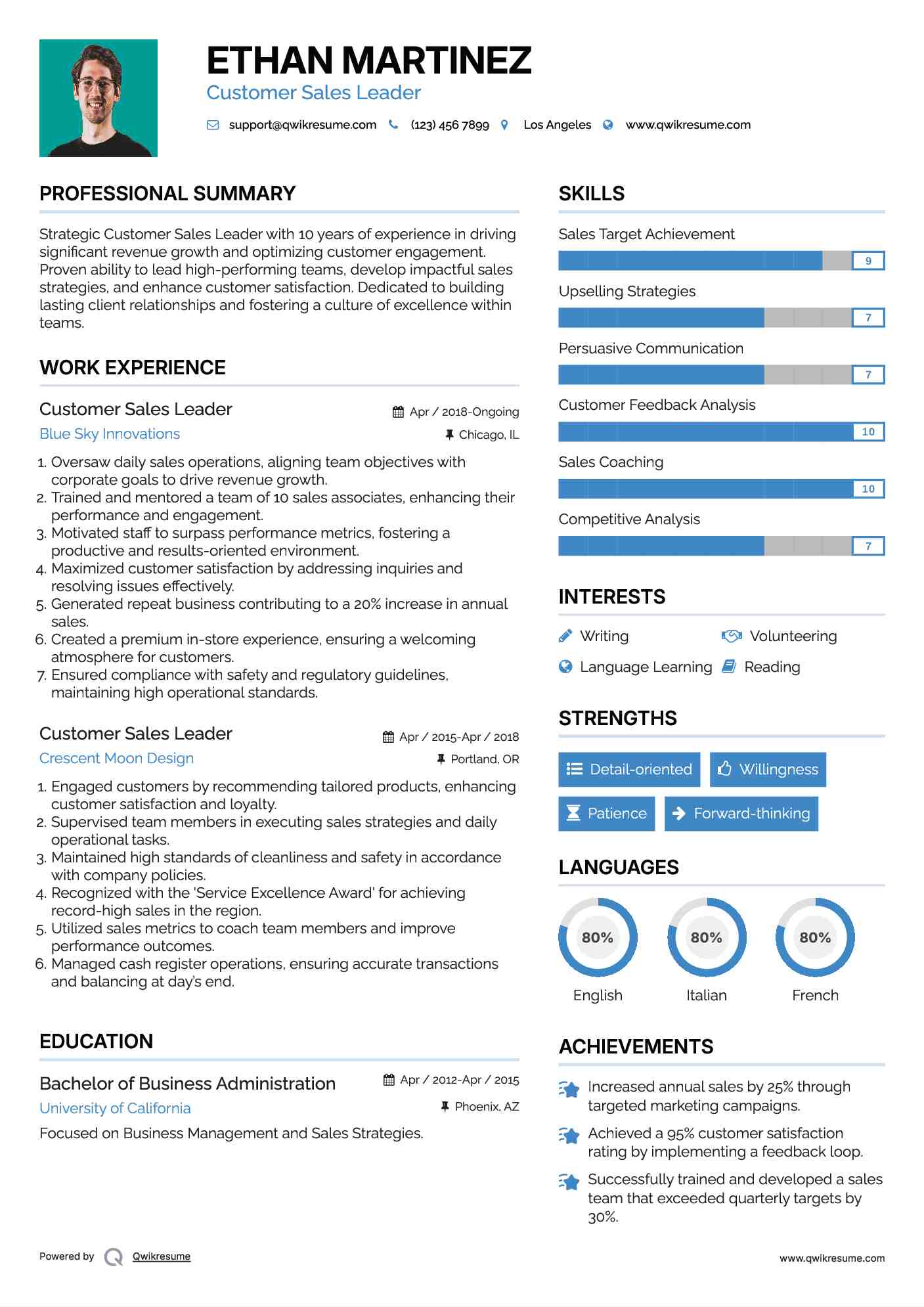 Customer Sales Leader Resume Example