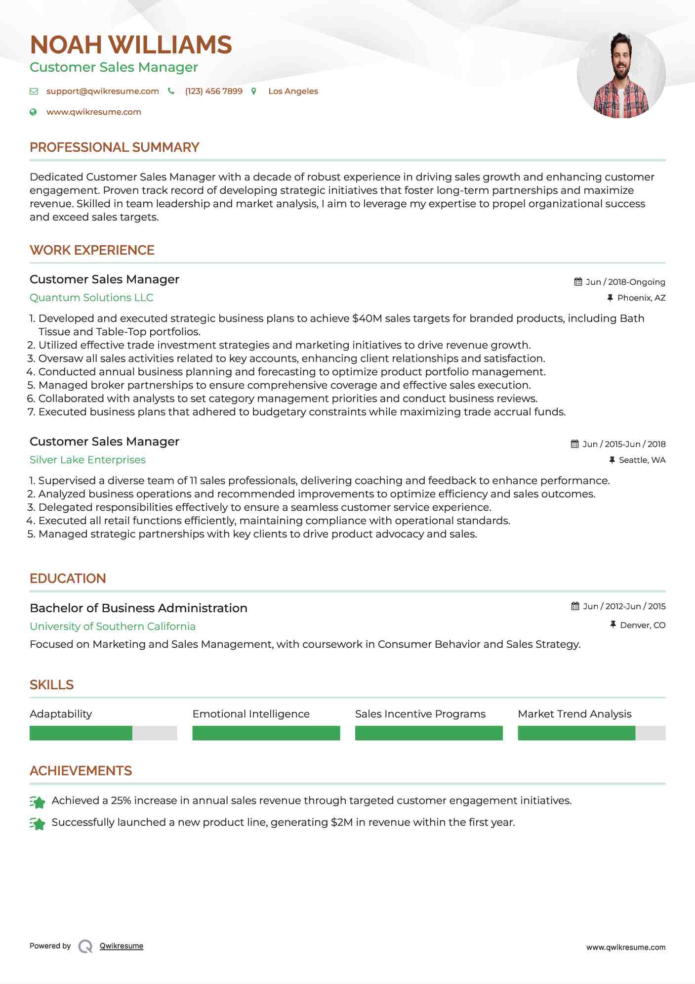 Customer Sales Manager Resume Sample