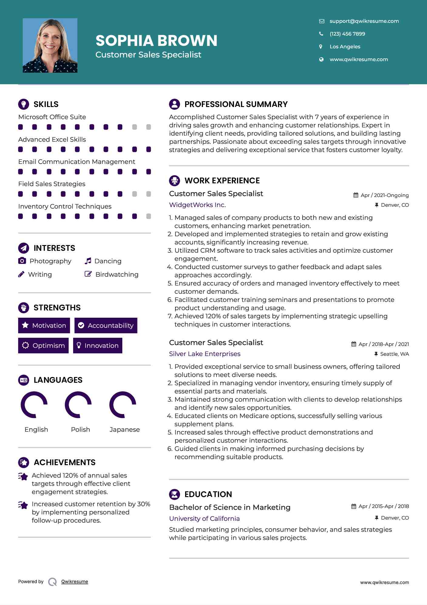 Customer Sales Specialist Resume Format