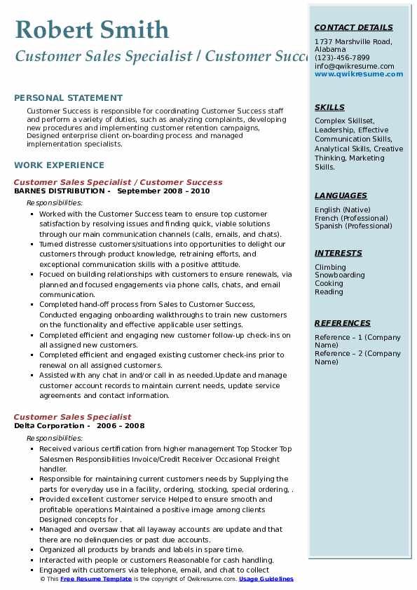 Customer Sales Specialist Resume Samples | QwikResume