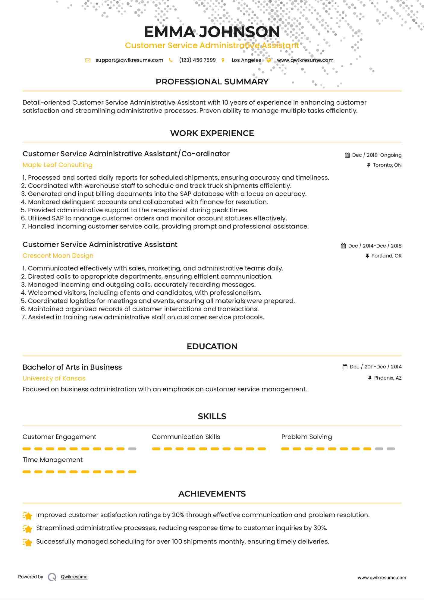 Customer Service Administrative Assistant/Co-ordinator Resume Template