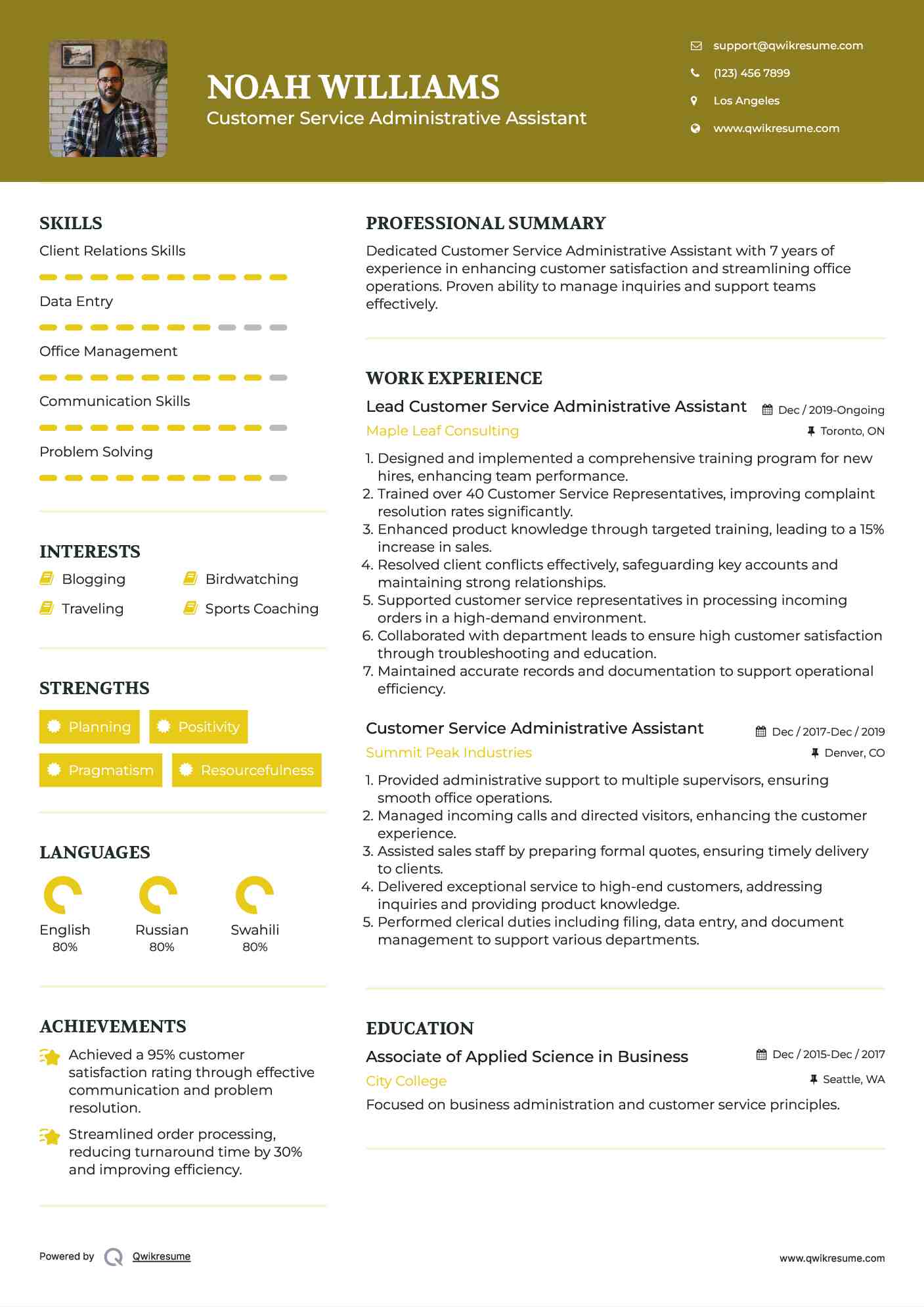 Lead Customer Service Administrative Assistant Resume Format