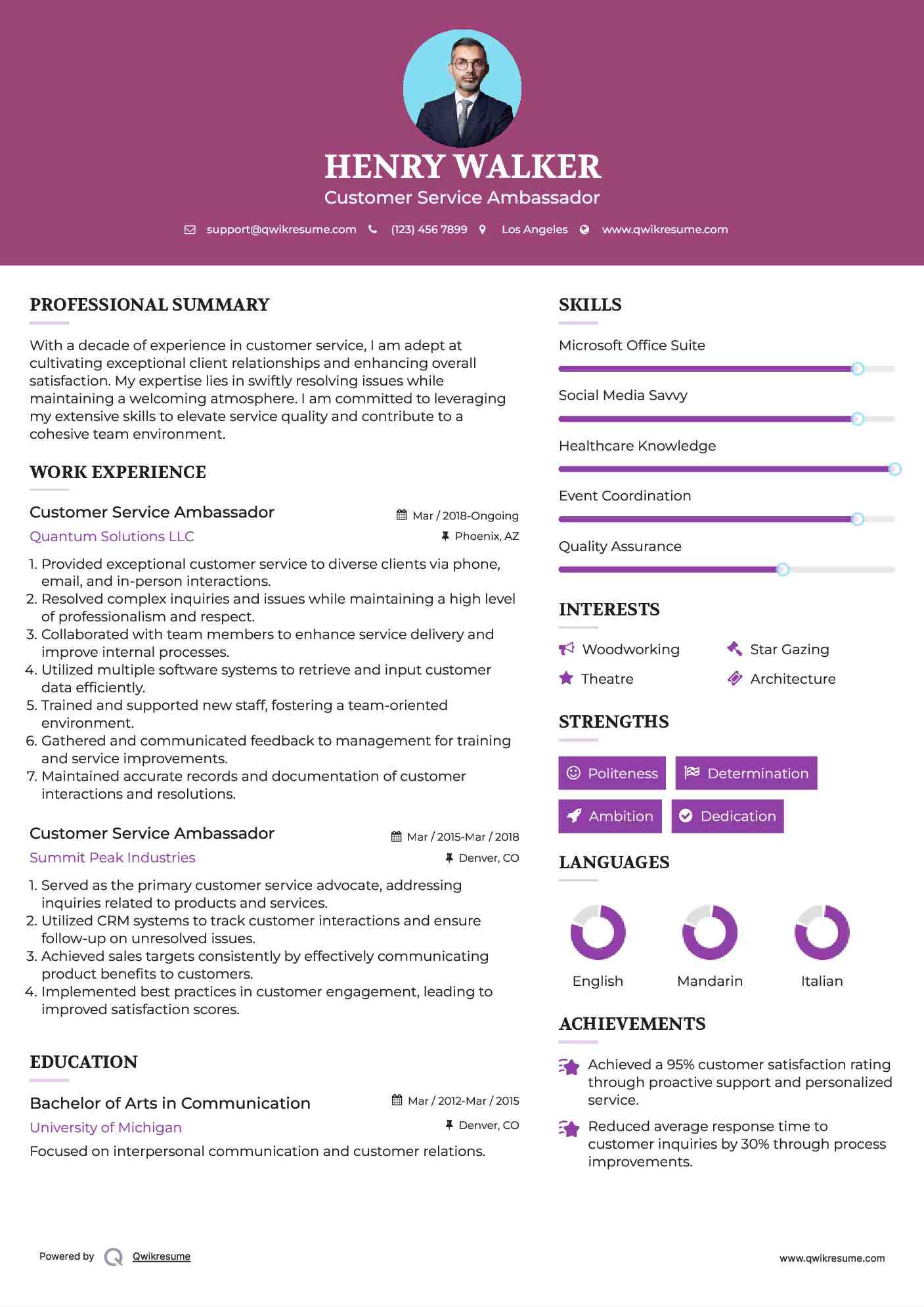 Customer Service Ambassador Resume Example