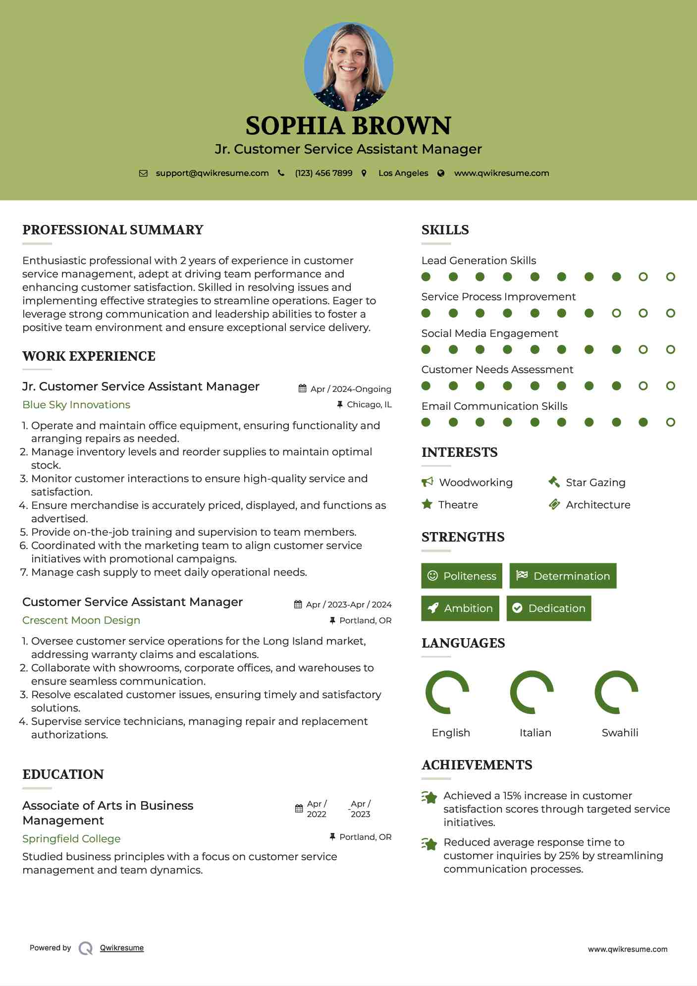 Jr. Customer Service Assistant Manager Resume Format