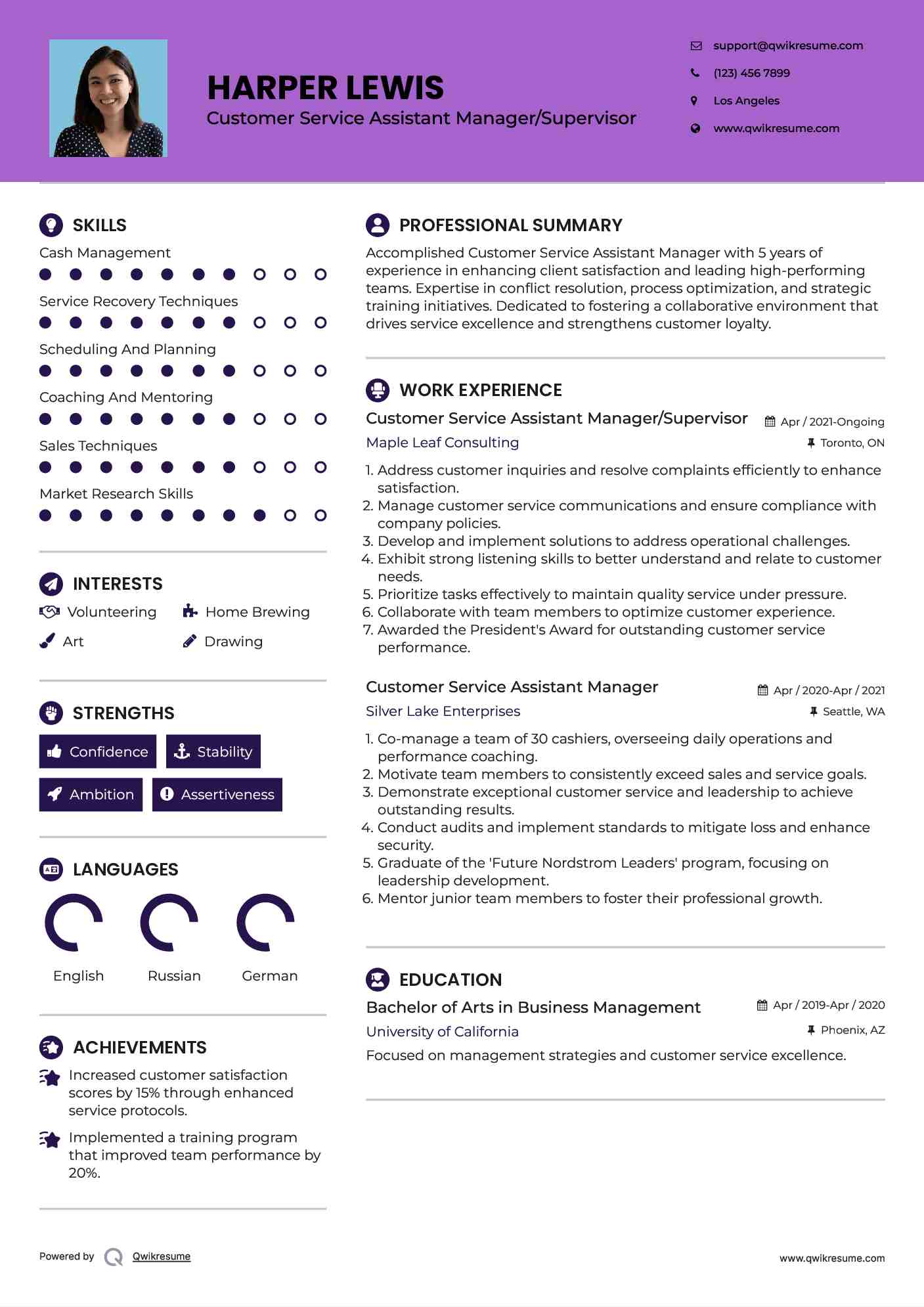 Customer Service Assistant Manager/Supervisor Resume Sample