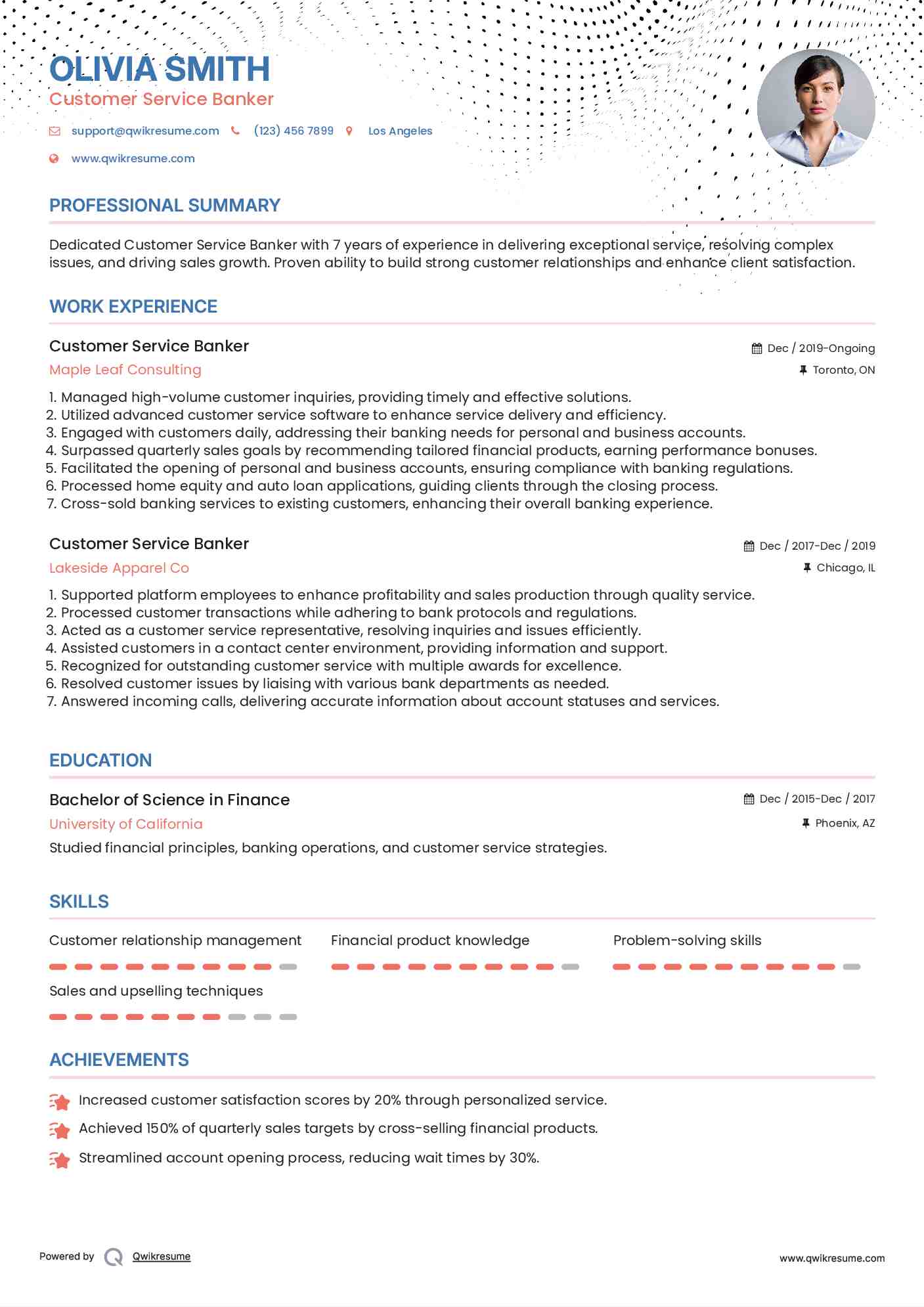 Customer Service Banker Resume Sample