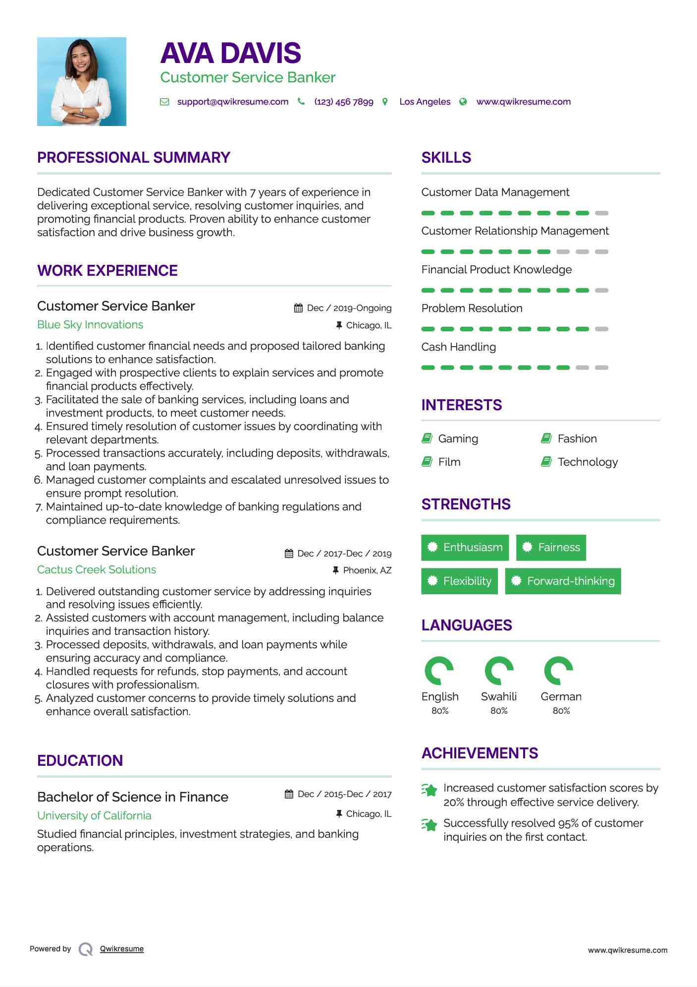 Customer Service Banker Resume Sample