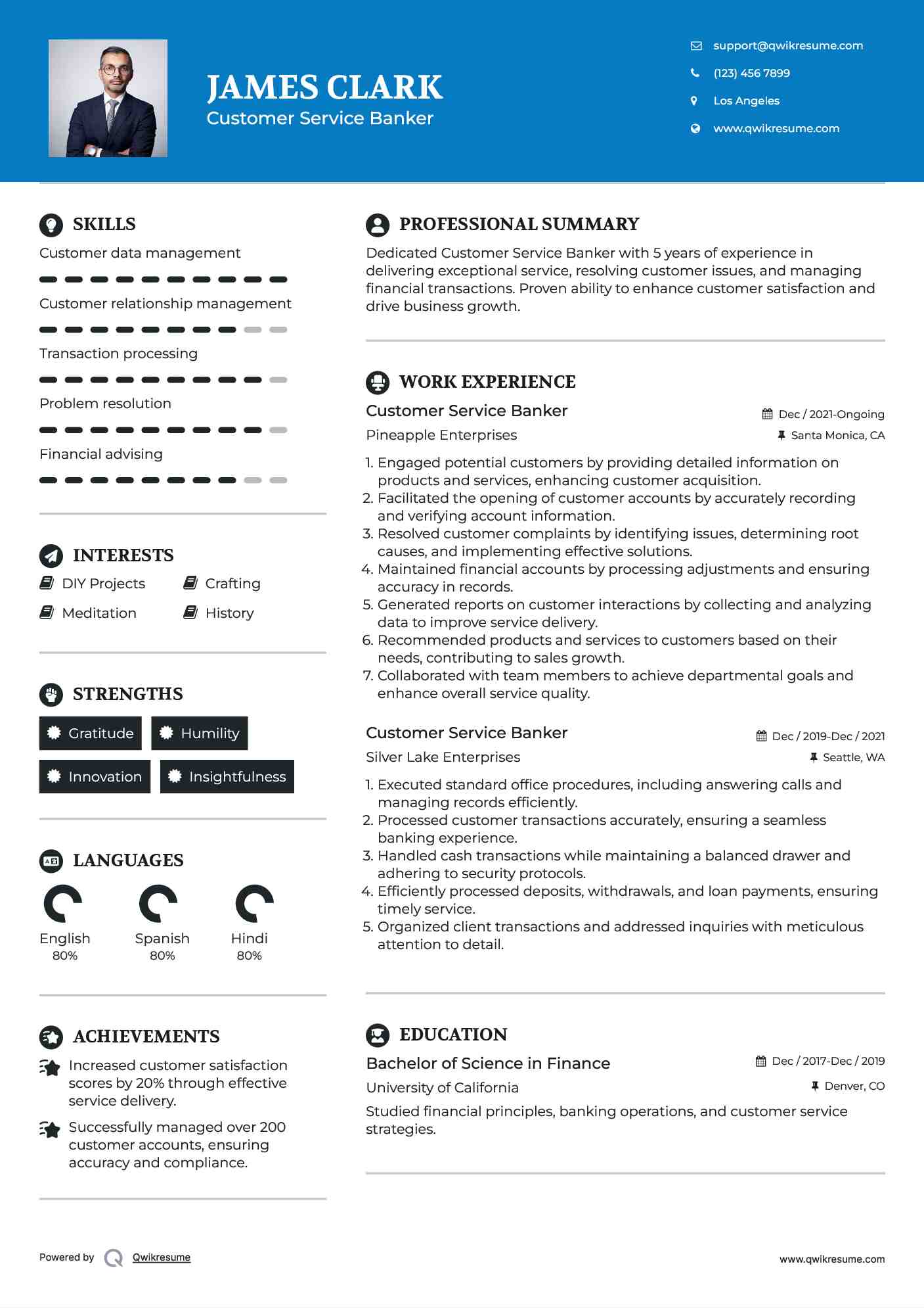 Customer Service Banker Resume Example