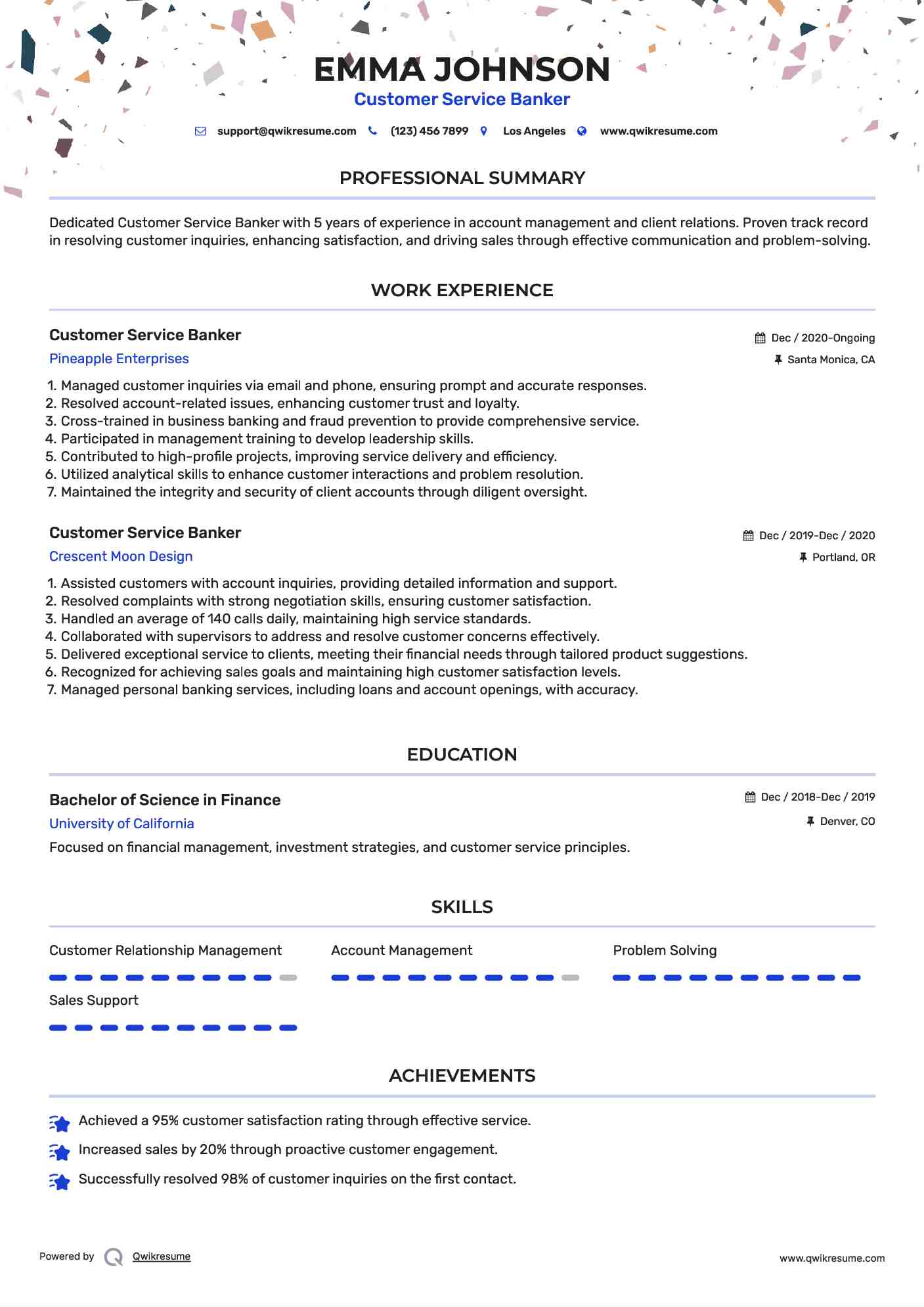 Customer Service Banker Resume Model