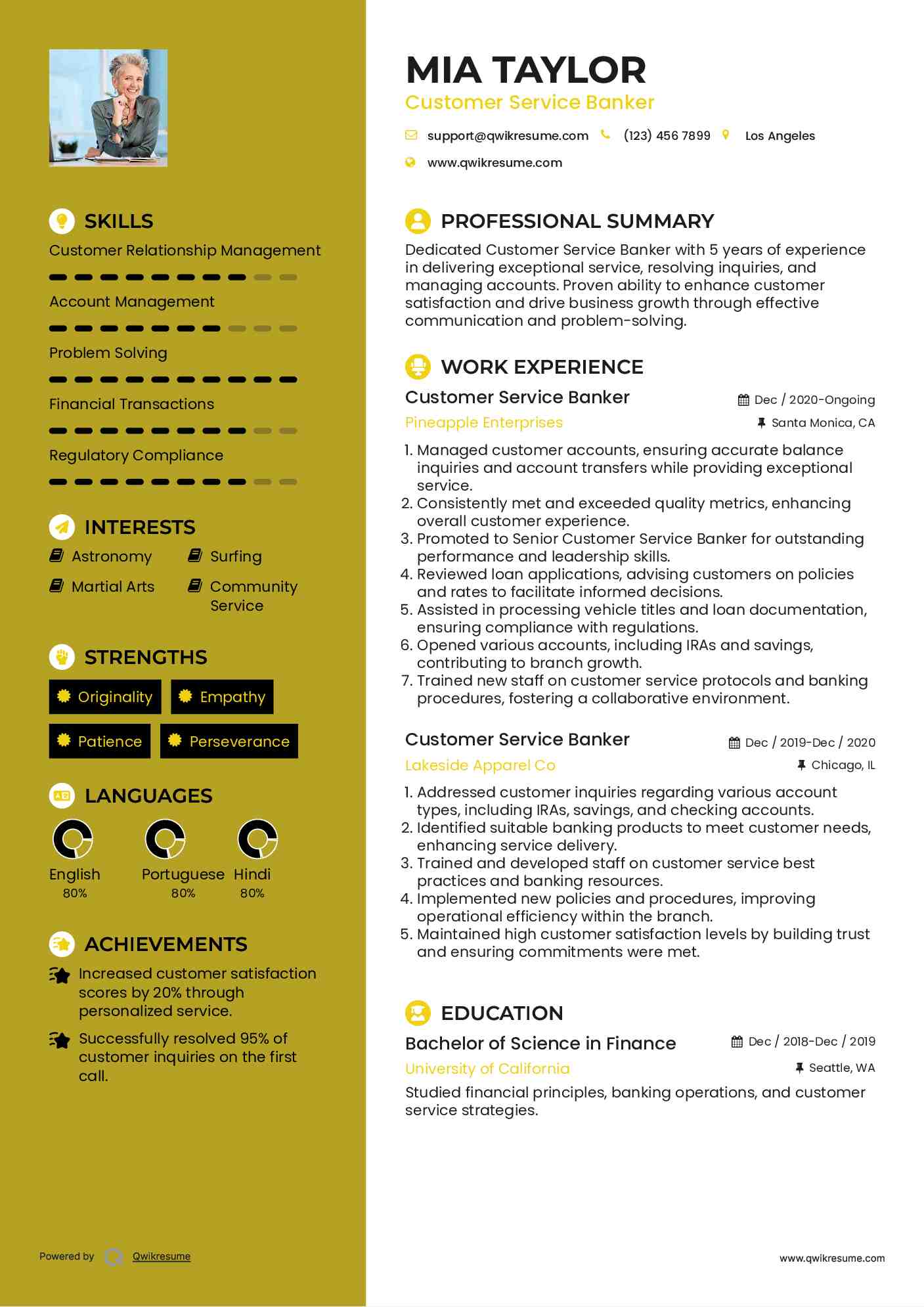 Customer Service Banker Resume Model