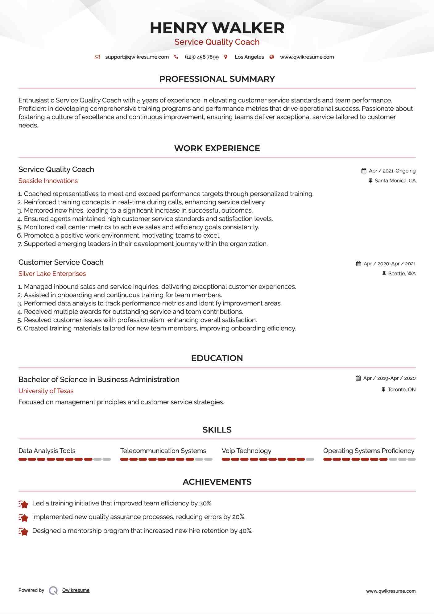 Service Quality Coach Resume Format