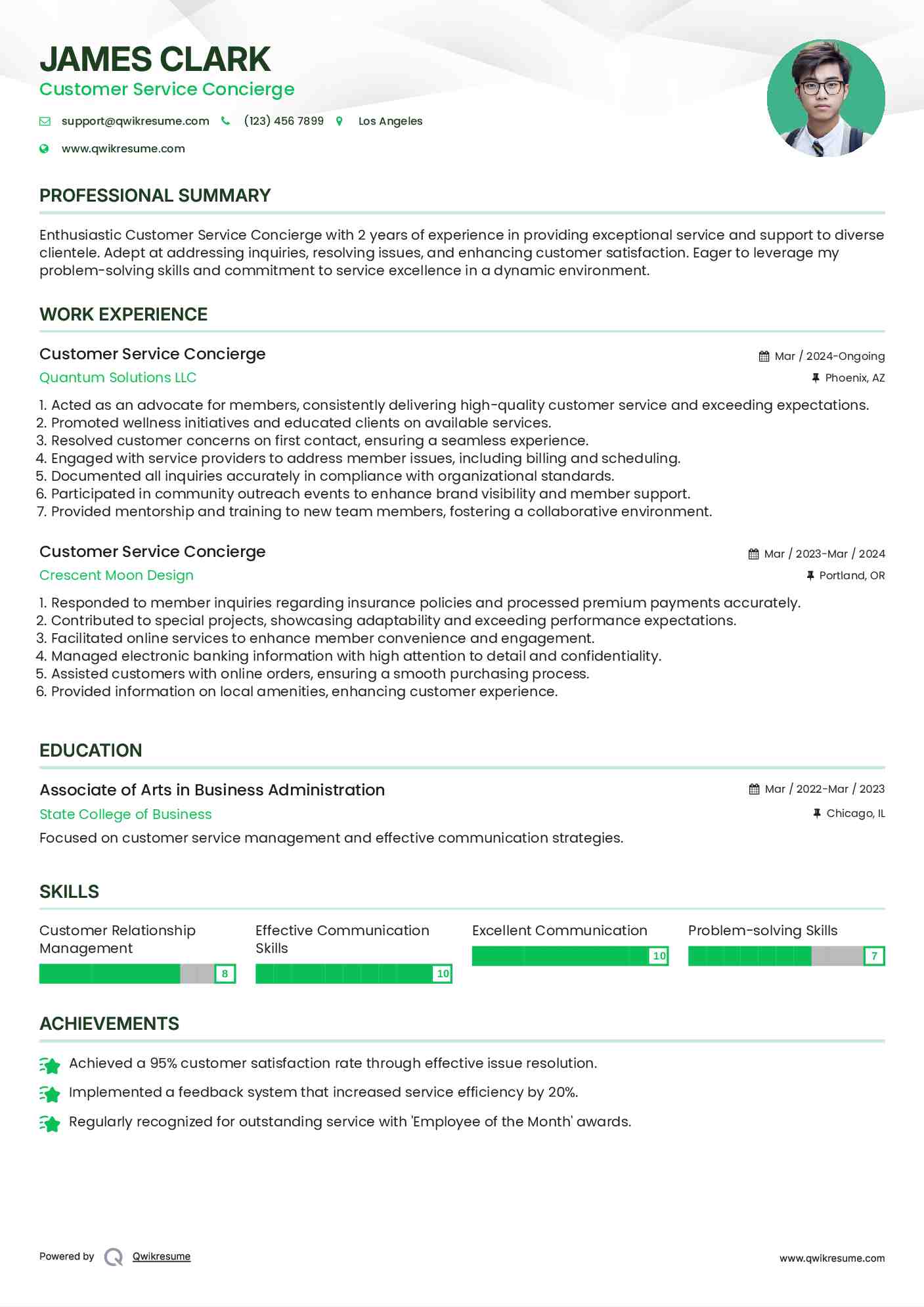 Customer Service Concierge Resume Example