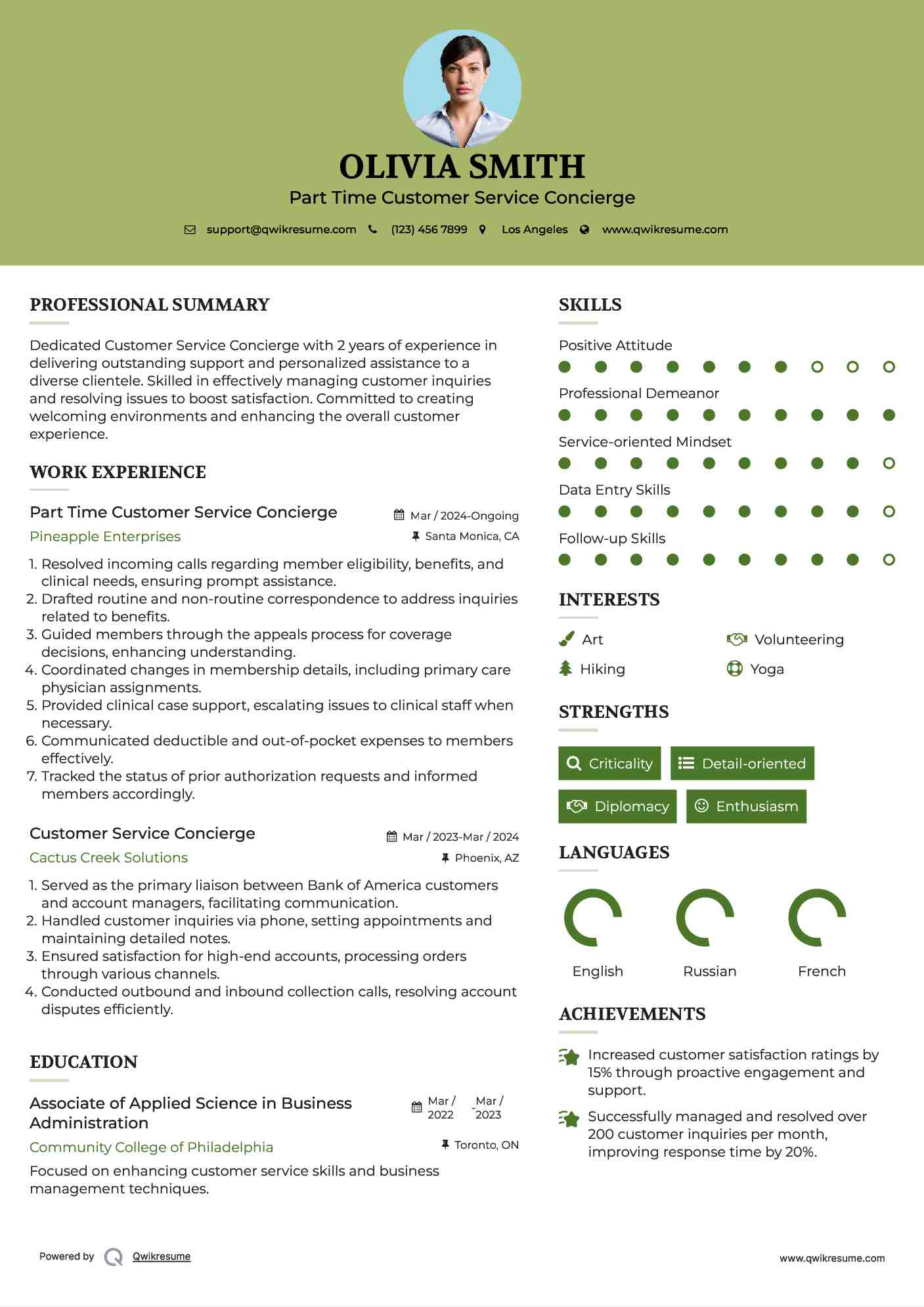 Part Time Customer Service Concierge
 Resume Template