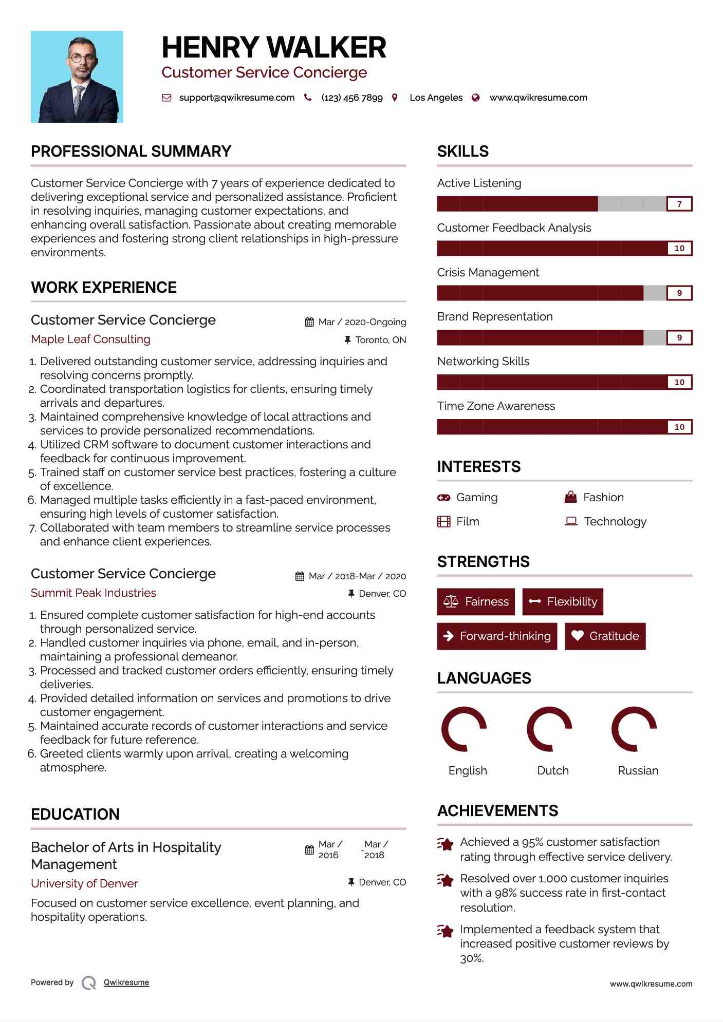 Customer Service Concierge Resume Sample