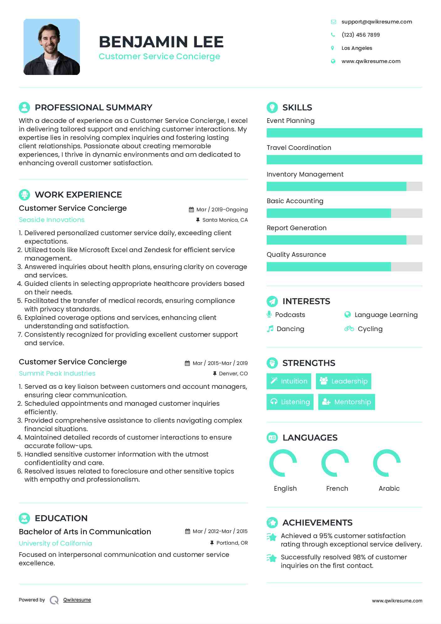 Customer Service Concierge Resume Model