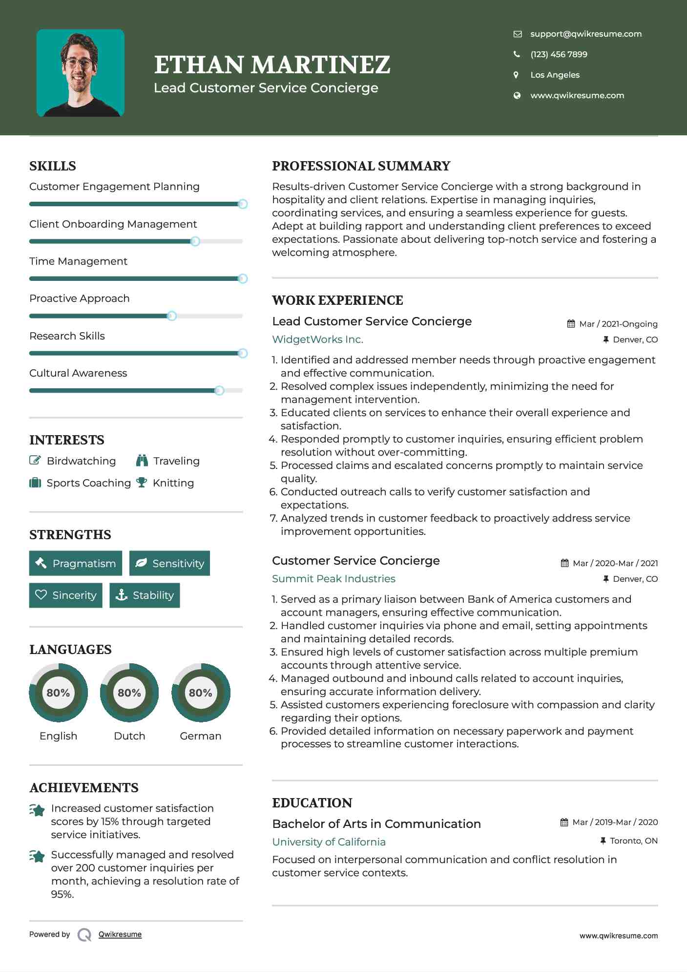 Lead Customer Service Concierge Resume Model