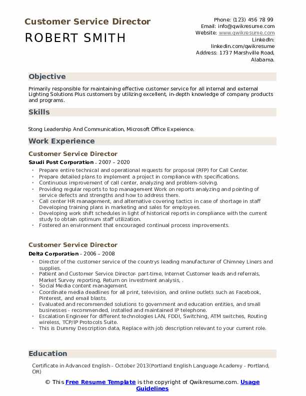 Customer Service Director Resume Samples QwikResume