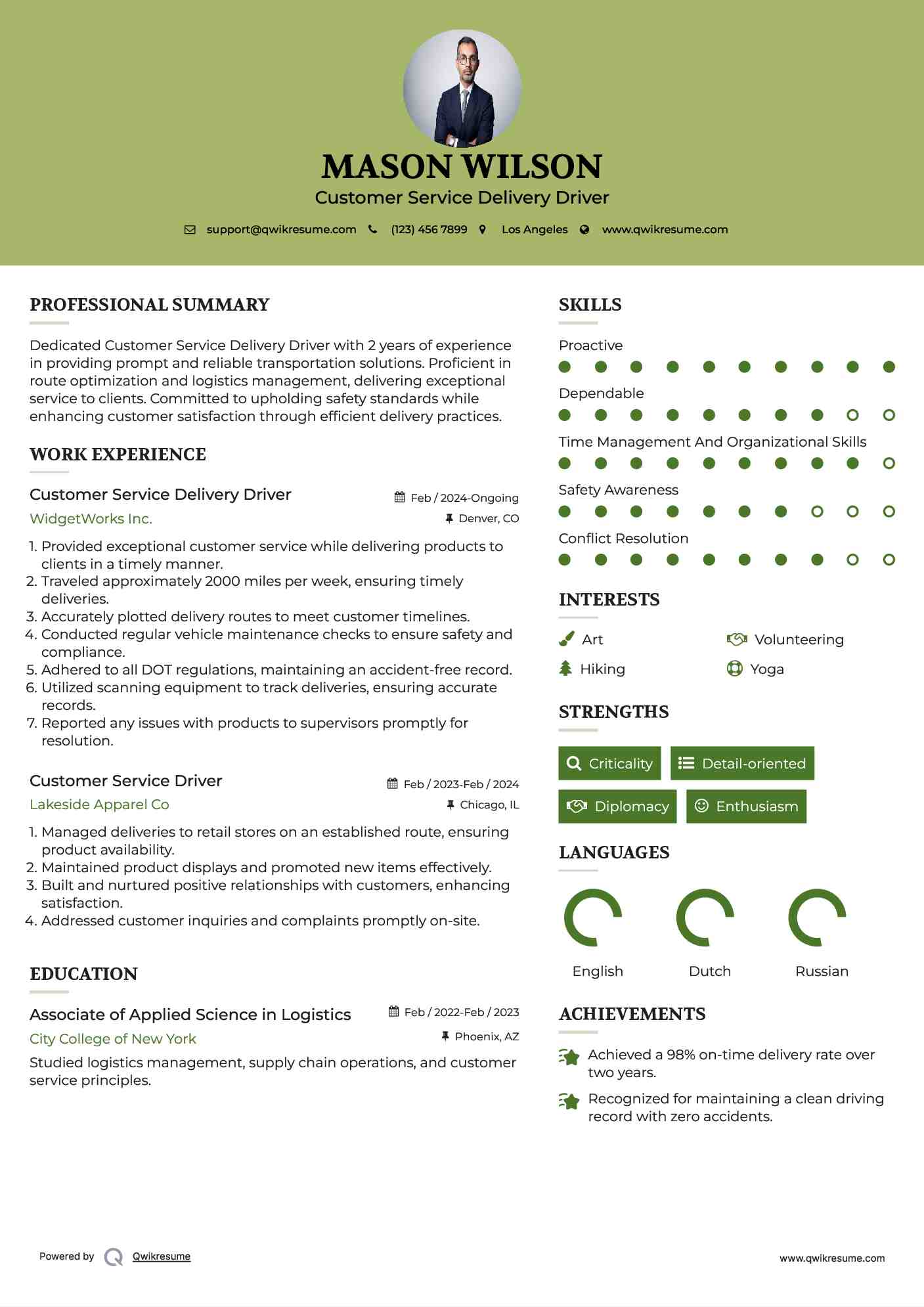 Customer Service Delivery Driver Resume Example