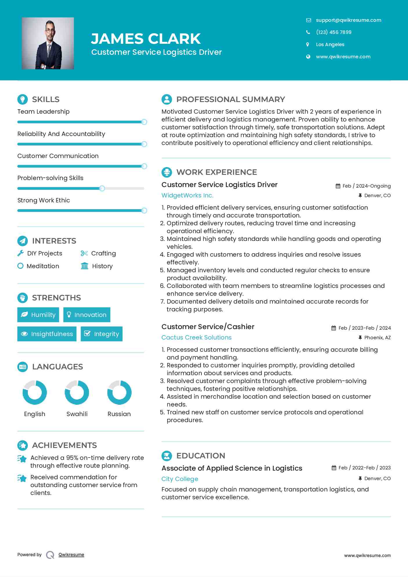 Customer Service Logistics Driver Resume Model