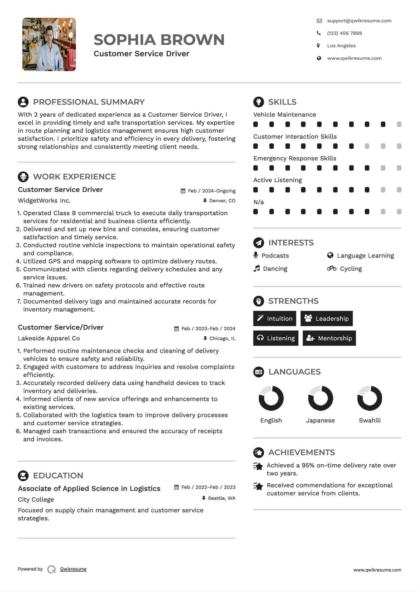 Customer Service Driver Resume Sample