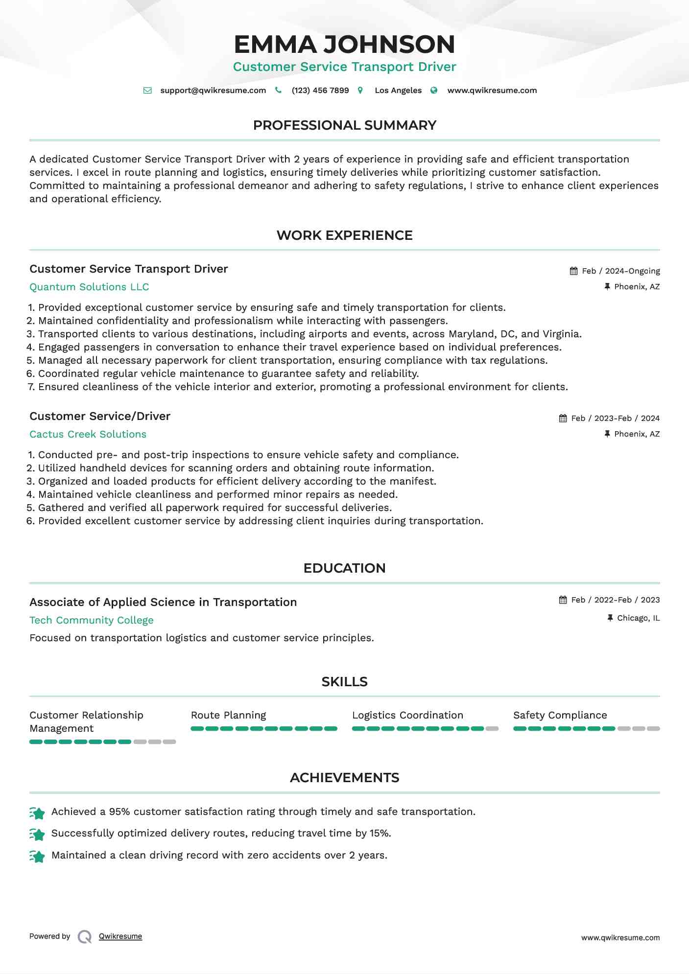 Customer Service Transport Driver Resume Example