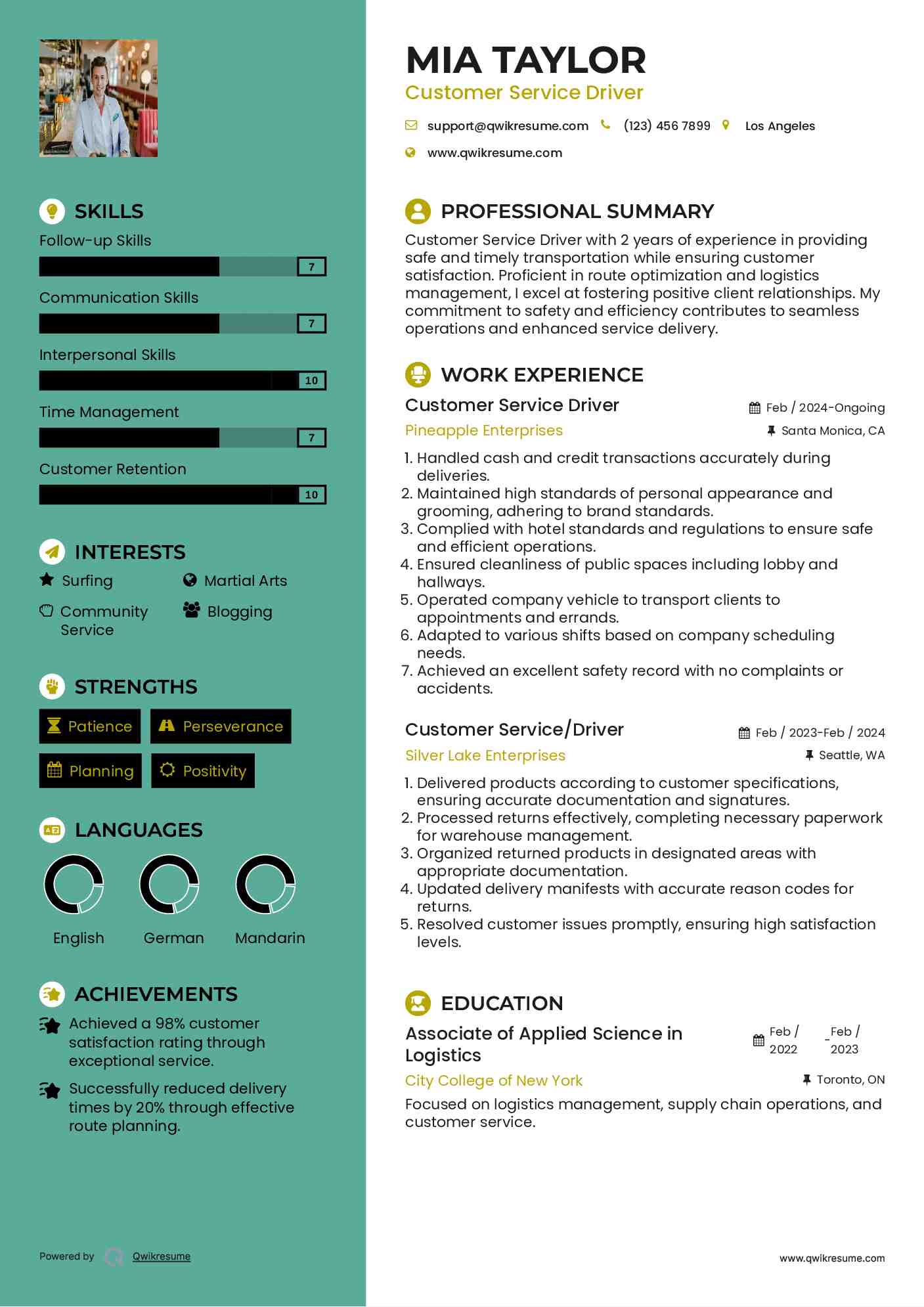 Customer Service Driver Resume Model