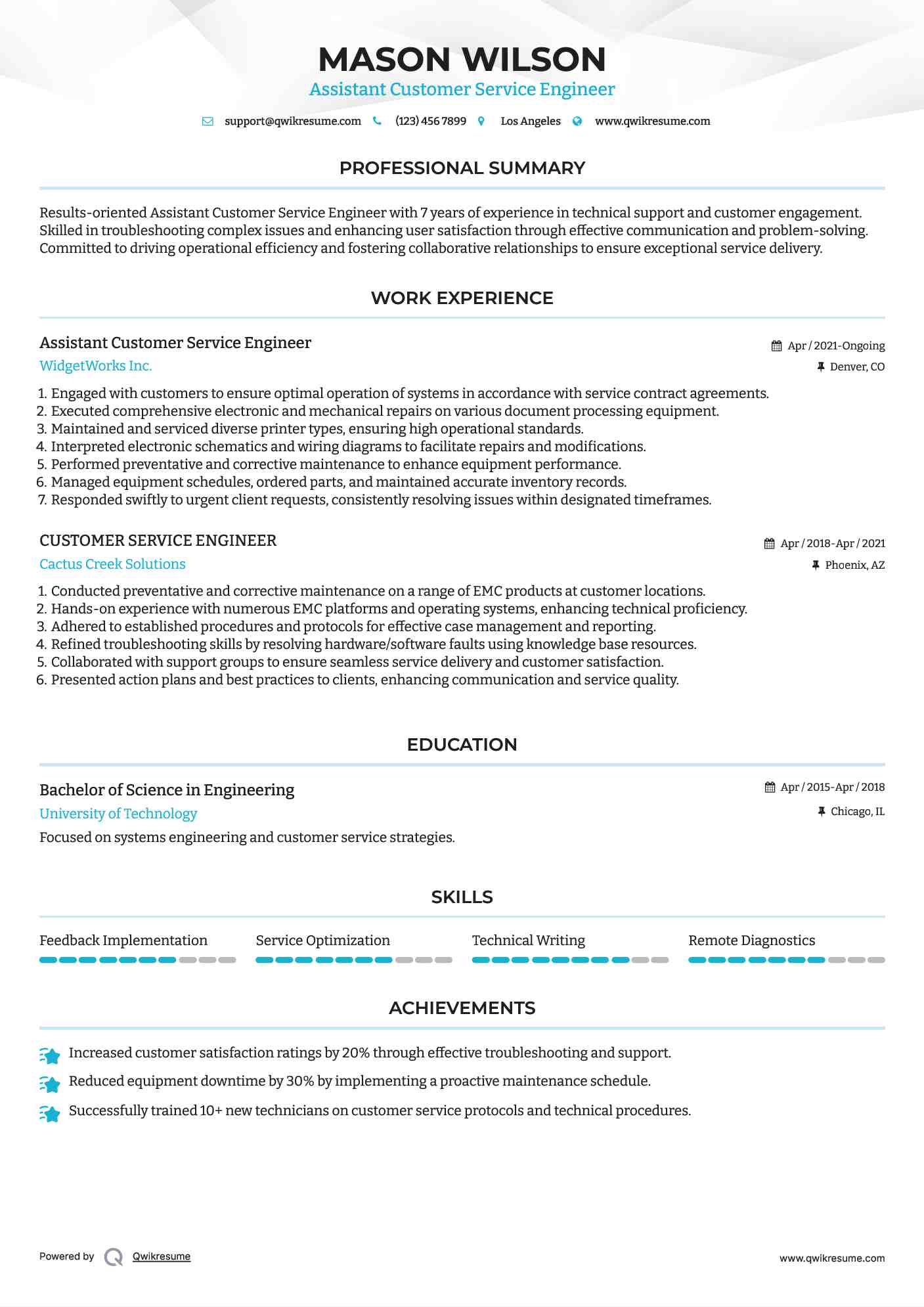 Assistant Customer Service Engineer Resume Example