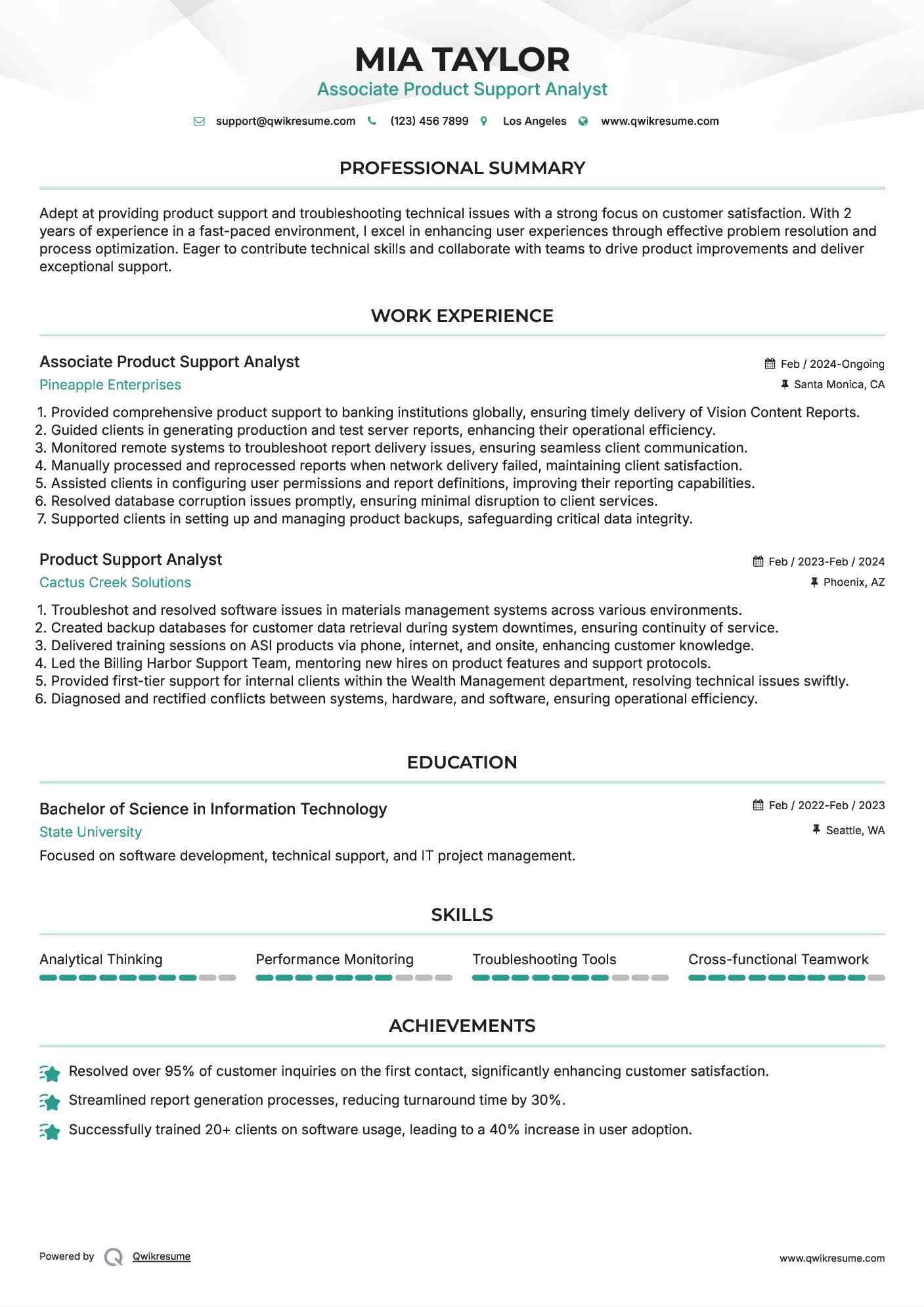 Associate Product Support Analyst Resume Template