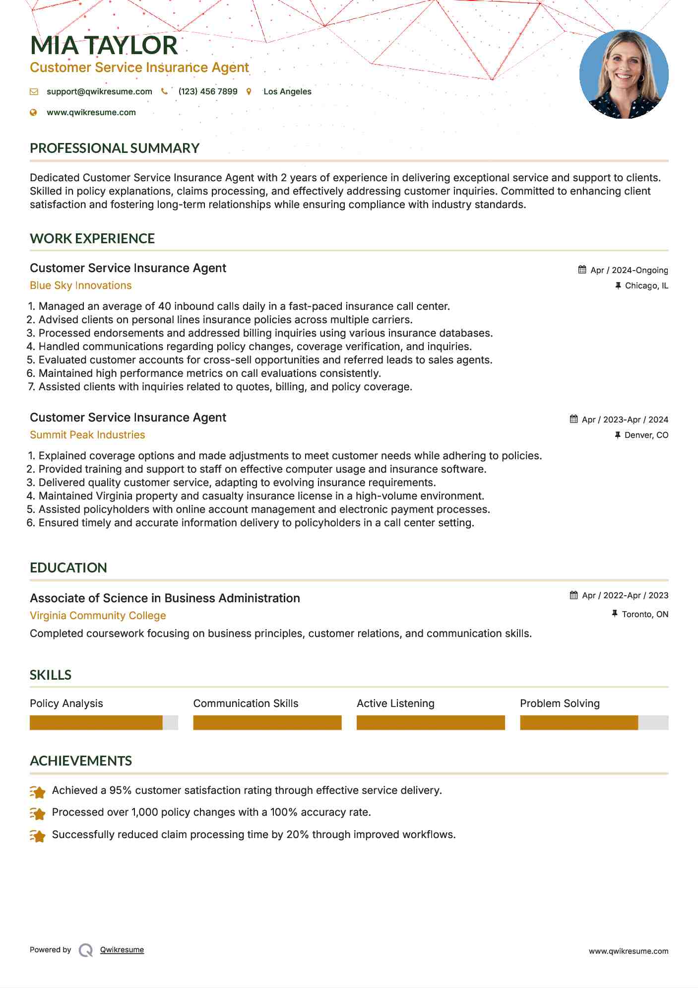 Customer Service Insurance Agent Resume Example