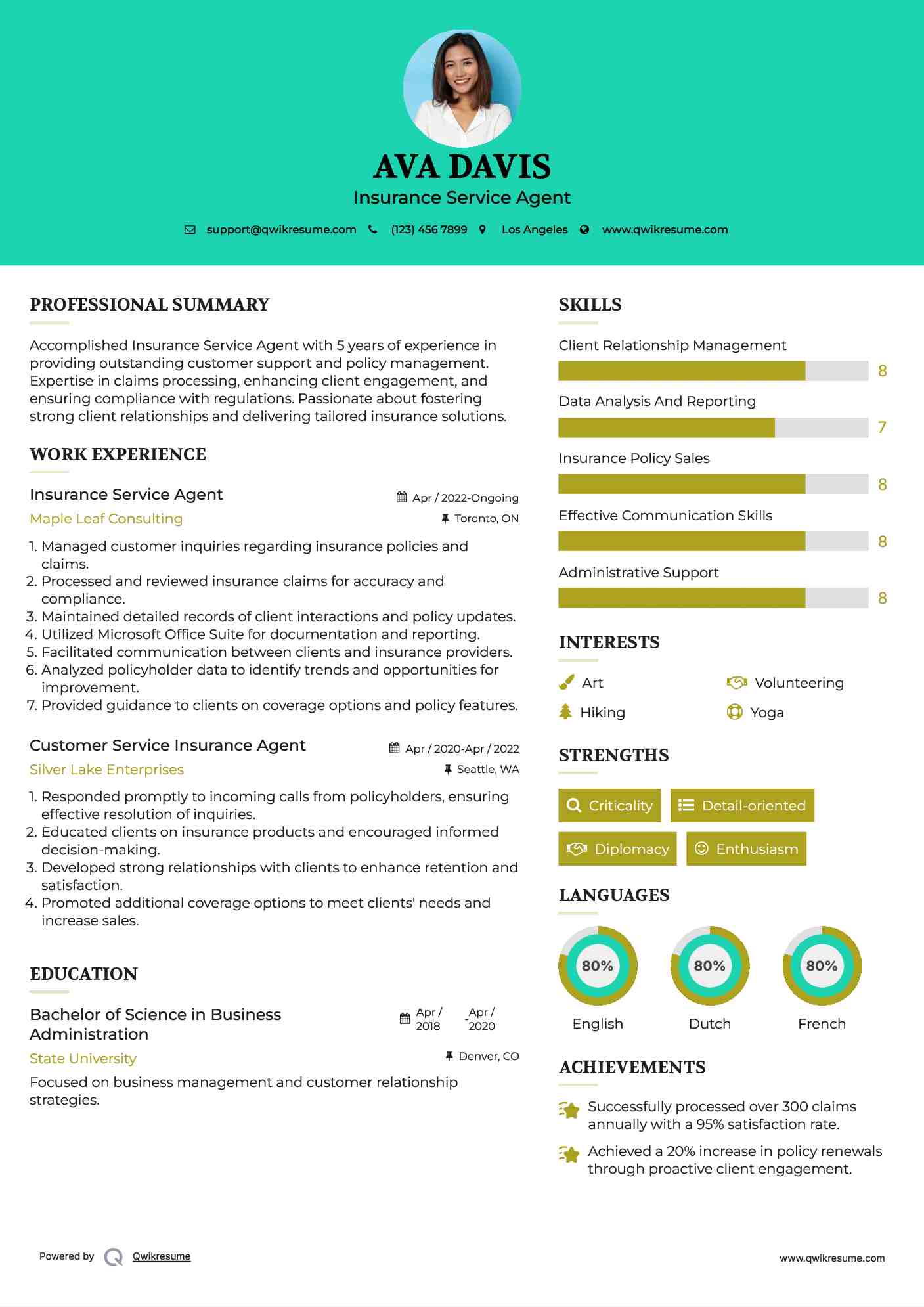 Insurance Service Agent Resume Template
