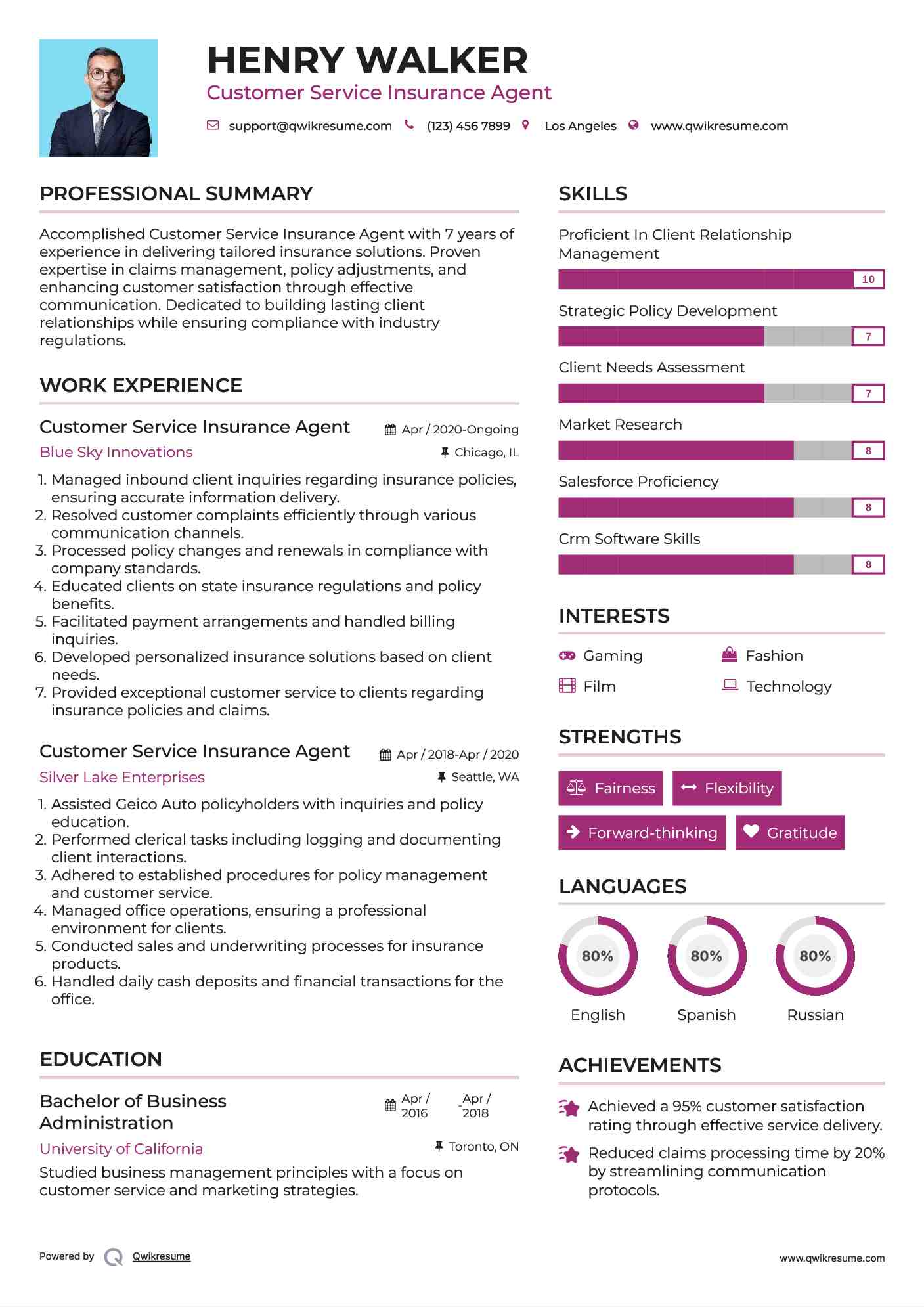 Customer Service Insurance Agent Resume Model