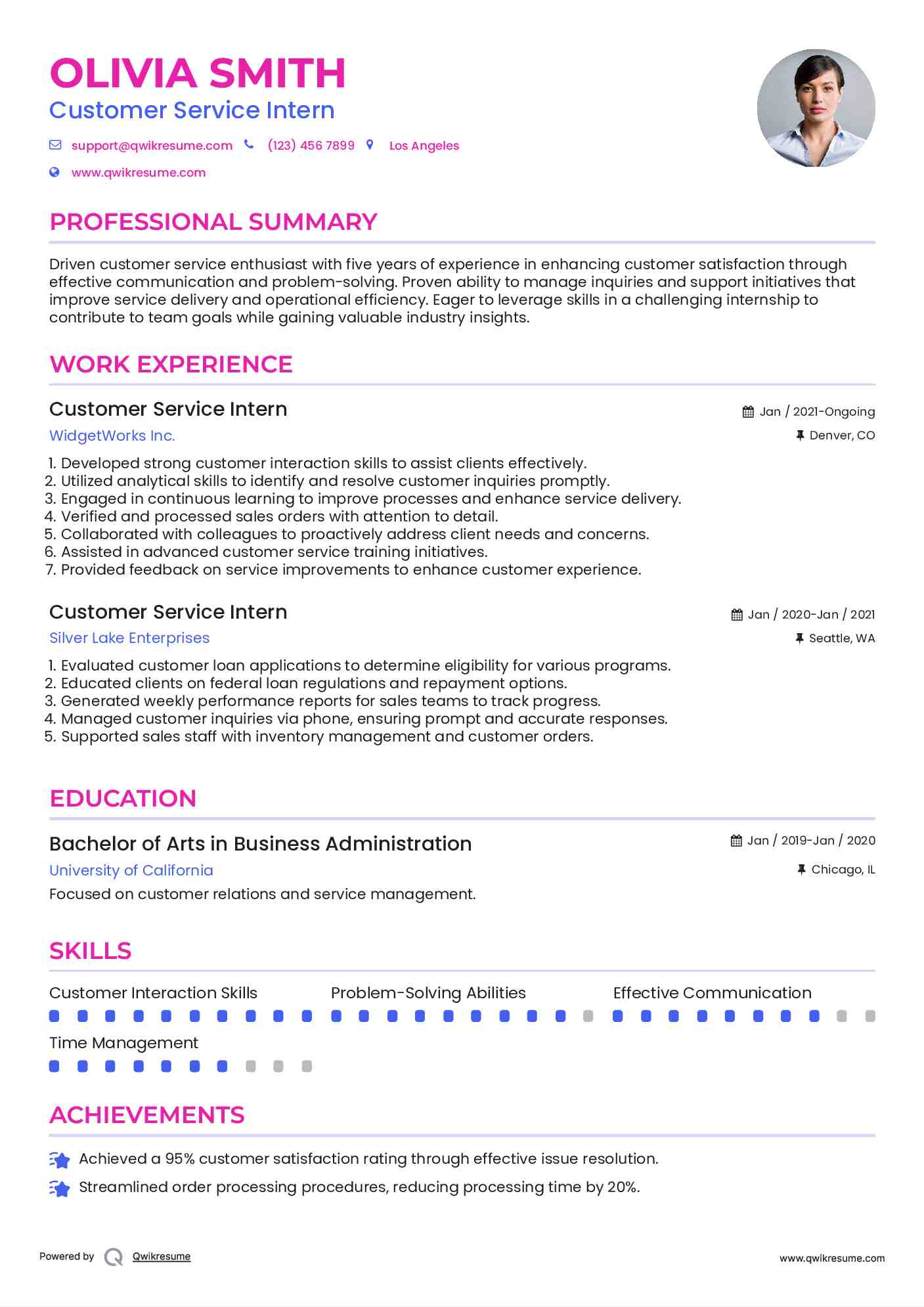 Customer Service Intern Resume Example