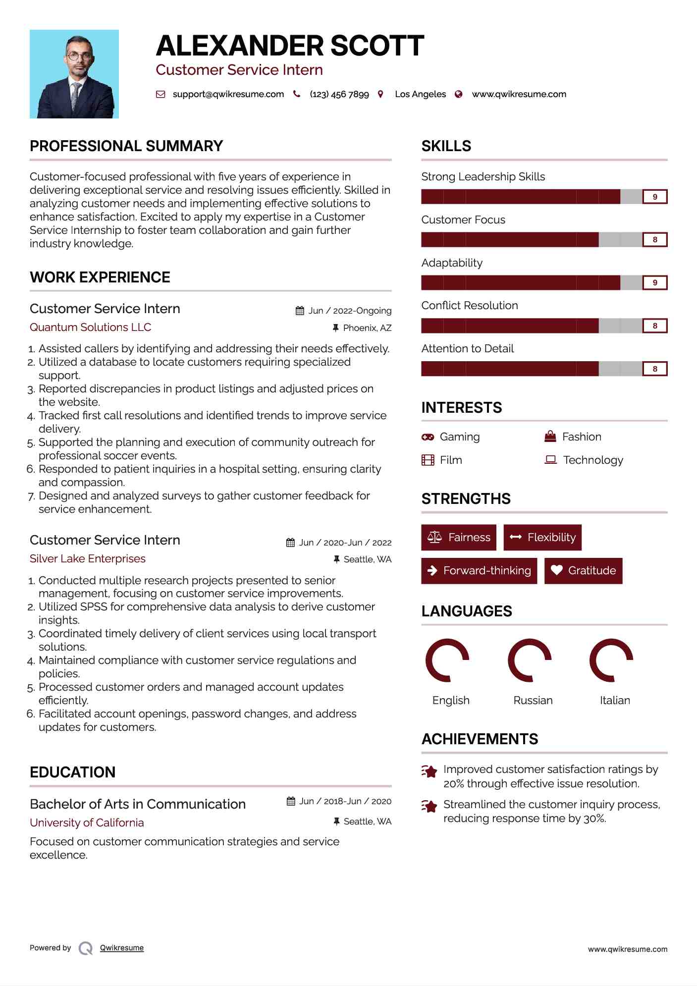 Customer Service Intern Resume Model