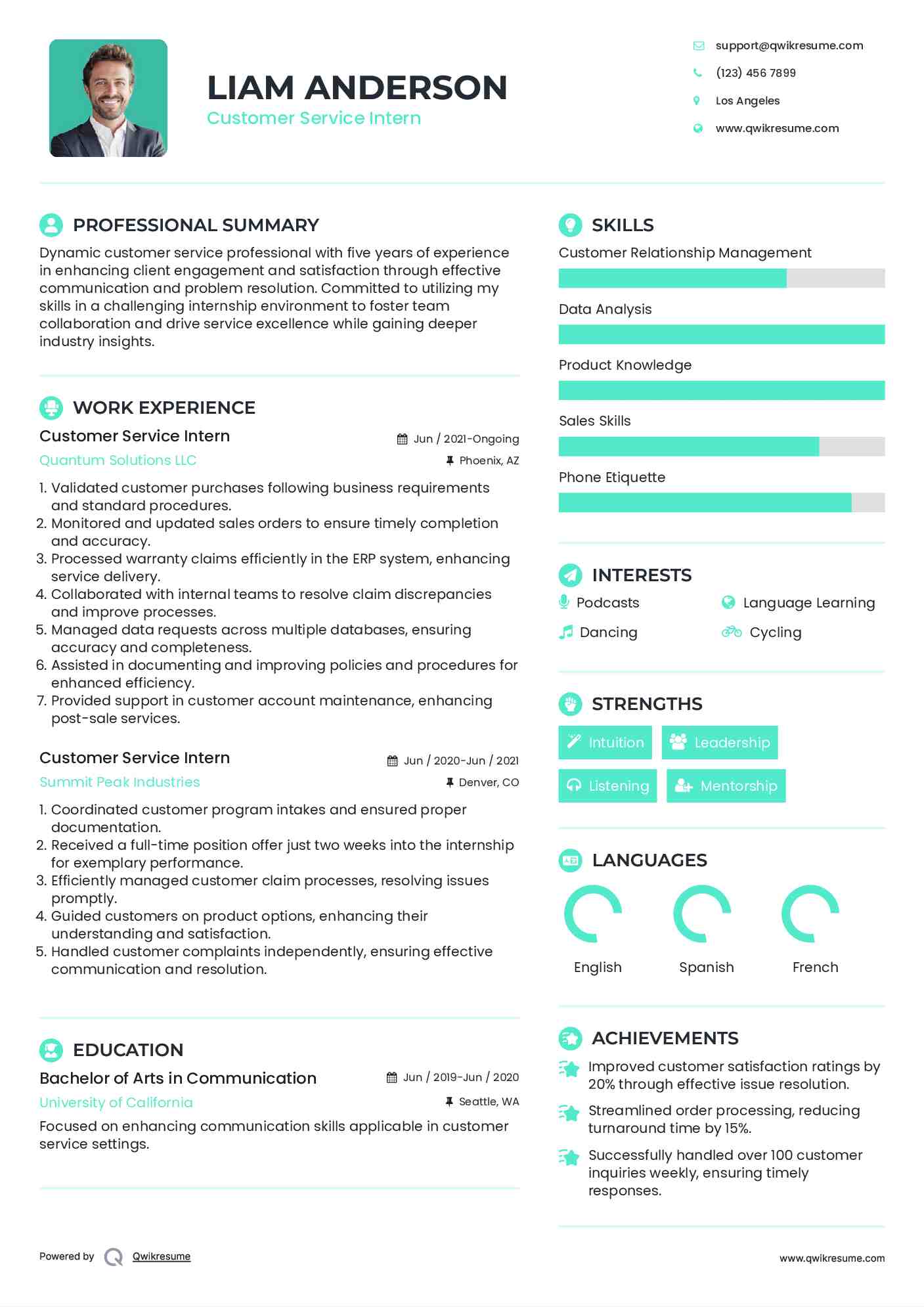 Customer Service Intern Resume Template