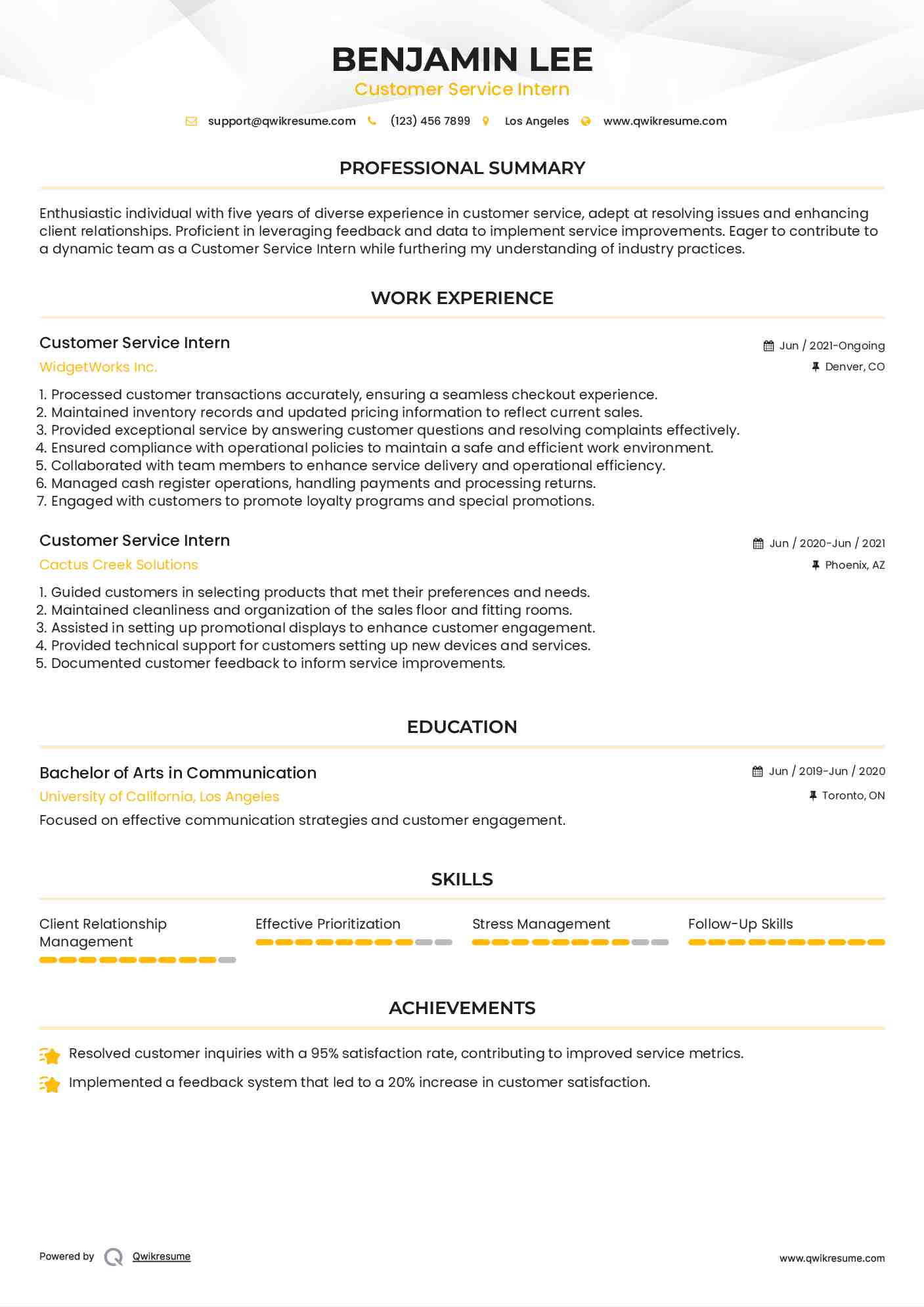 Customer Service Intern Resume Sample