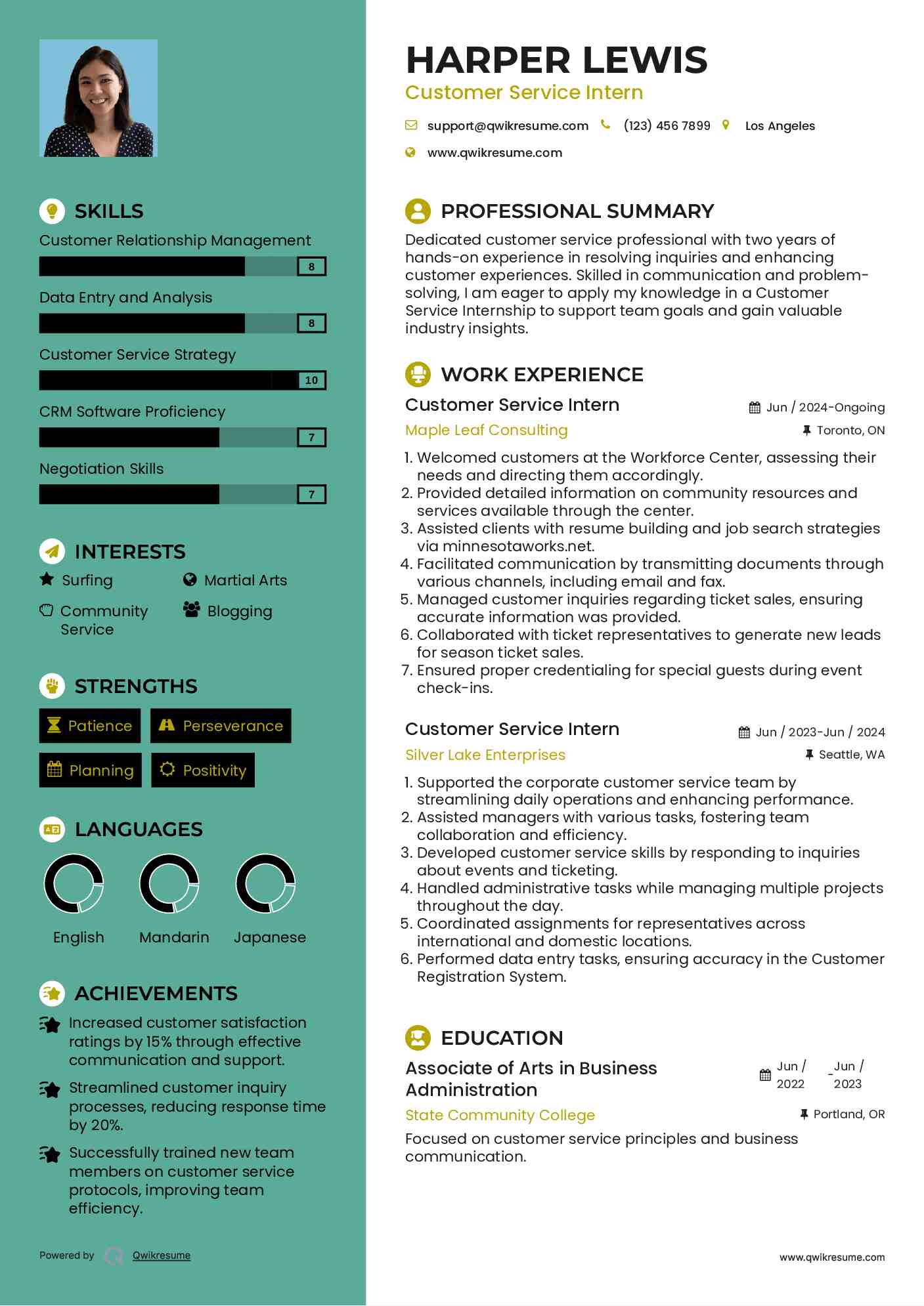 Customer Service Intern Resume Model