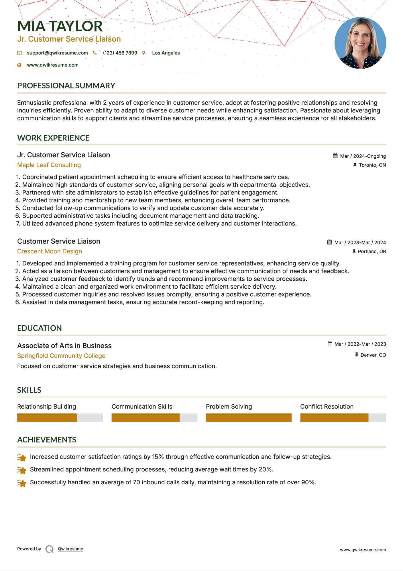 Jr. Customer Service Liaison Resume Example