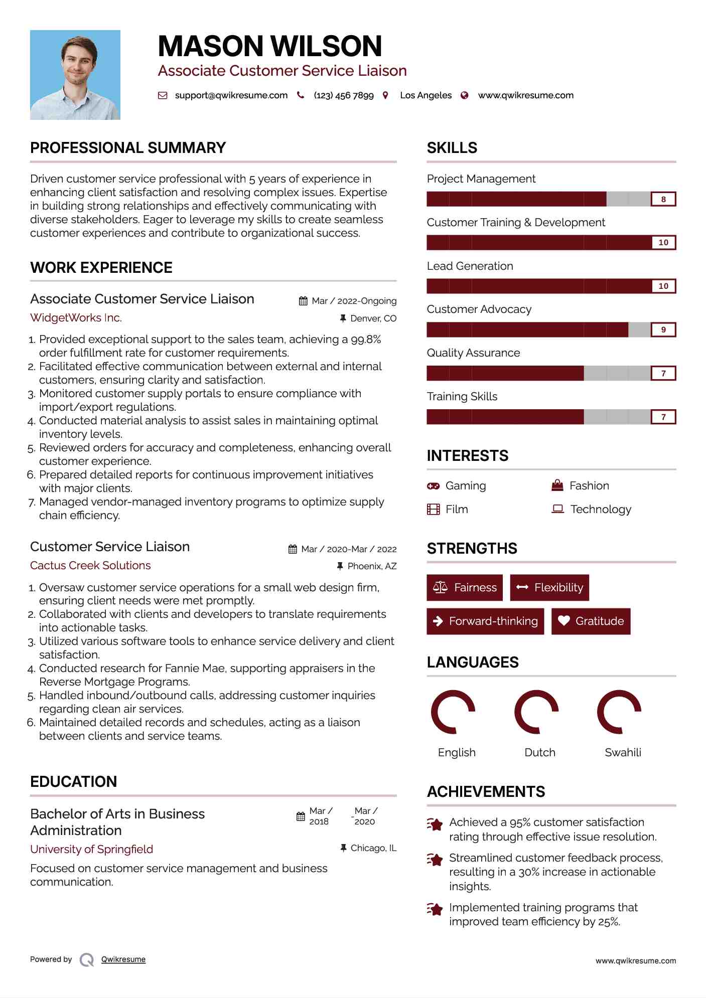 Associate Customer Service Liaison Resume Format