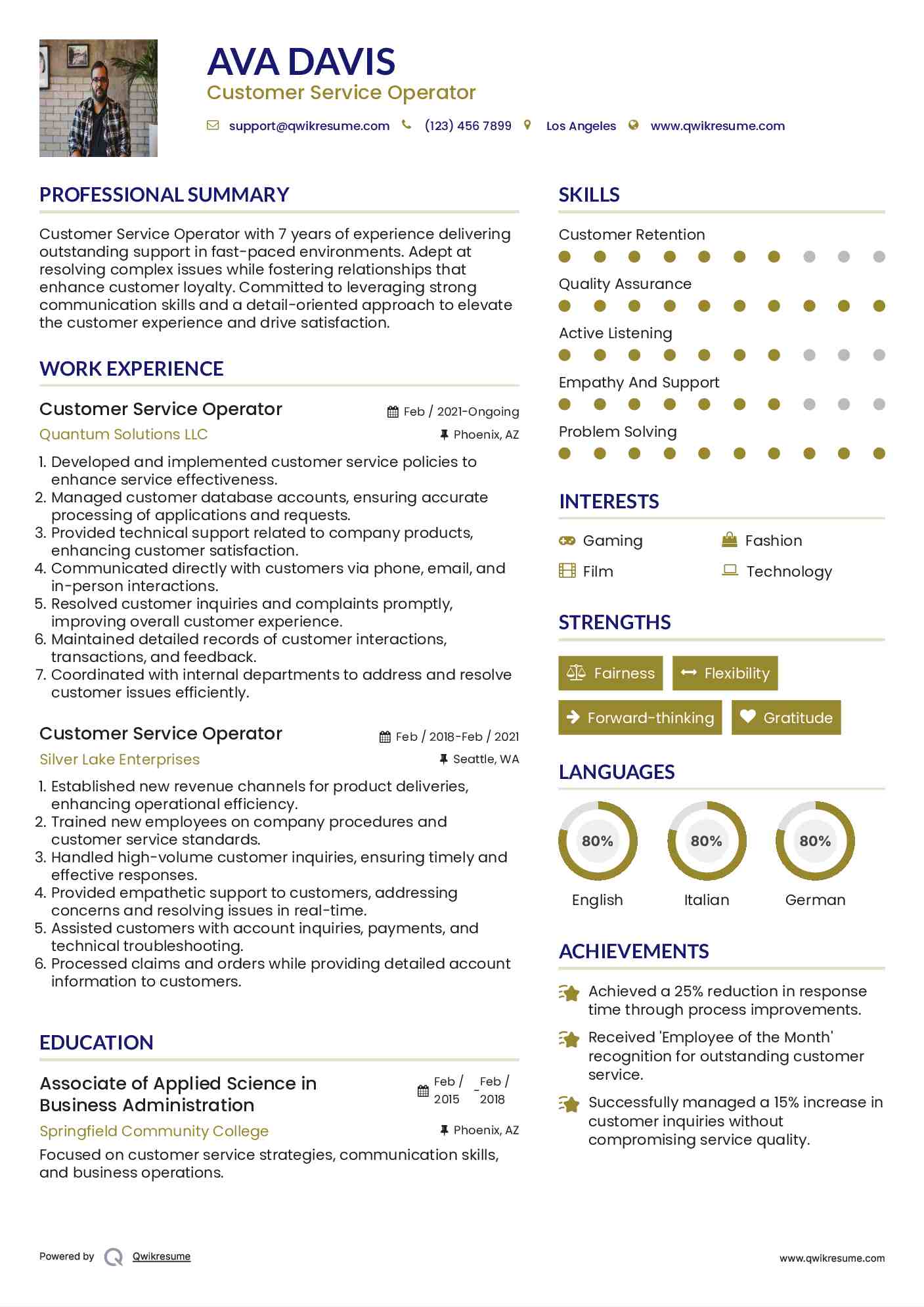 Customer Service Operator Resume Example