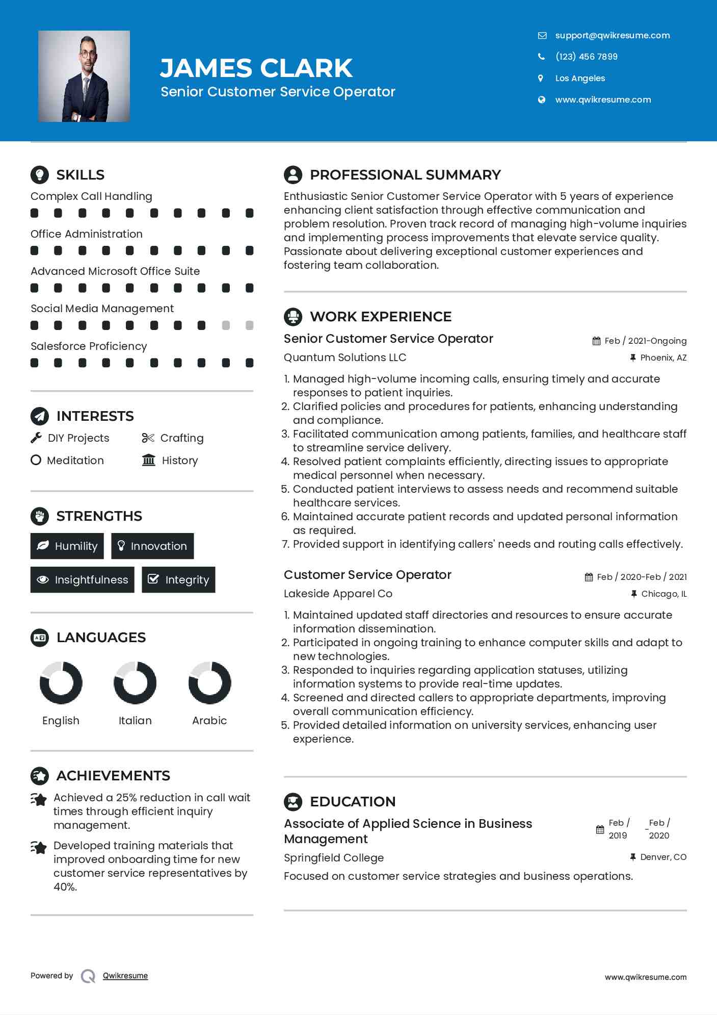 Senior Customer Service Operator Resume Sample